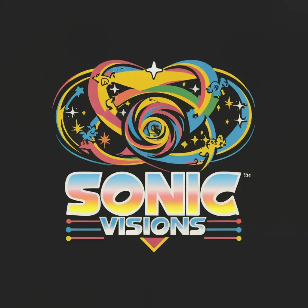 a logo design, with the text 'Sonic Visions', main symbol: swirling black hole and star, heart inside fractured diamond, psychedelic, sonic the hedgehog font, complex, to be used in Entertainment industry, clear background