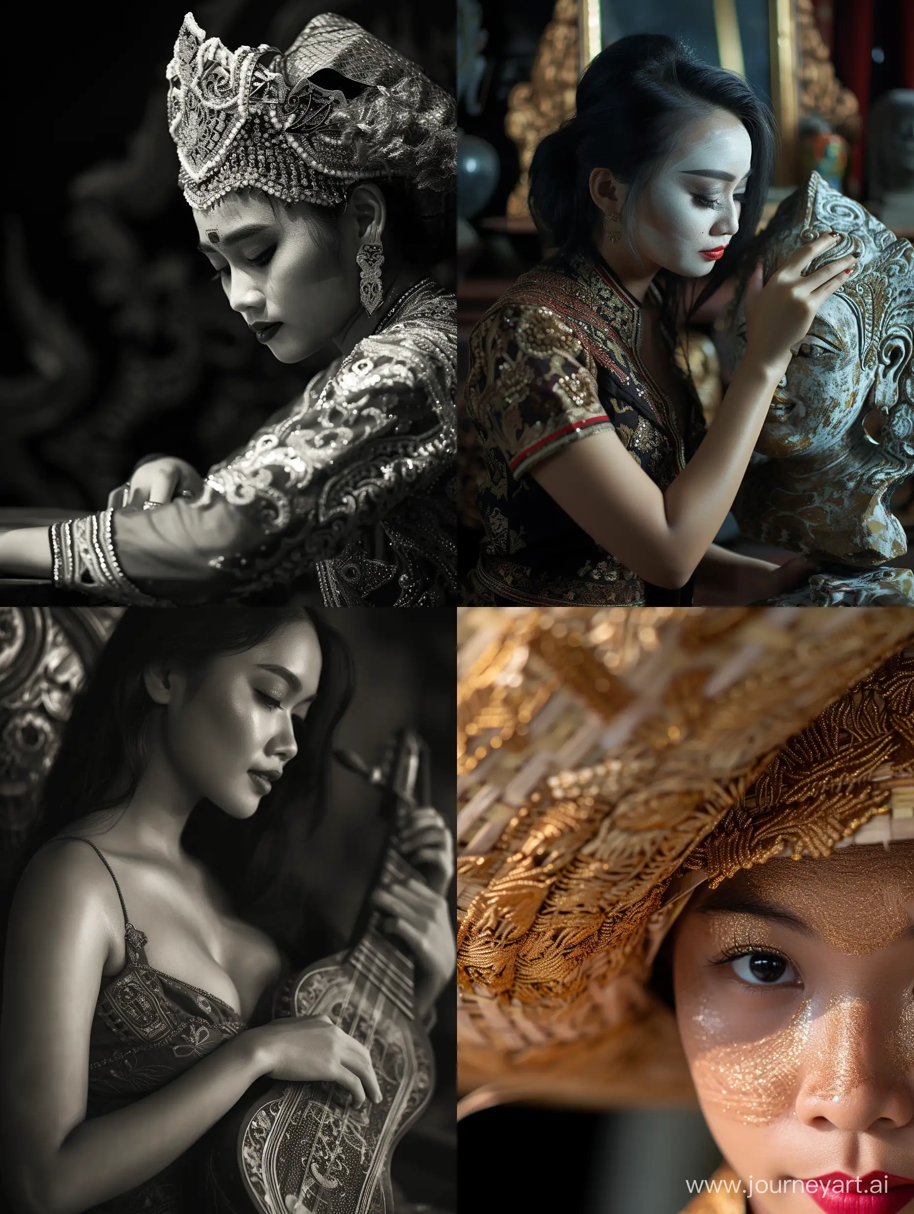 Beautiful Javanese Indonesian woman (25 years old, oval and clean face, ideal body, Indonesian skin, wearing traditional Javanese clothes, the woman is playing wayang, her face is visible, the woman is playing wayang on a quiet stage. ultra HD, original photo, very detailed , very sharp, 18mm lens, realistic, photography, leica camera
