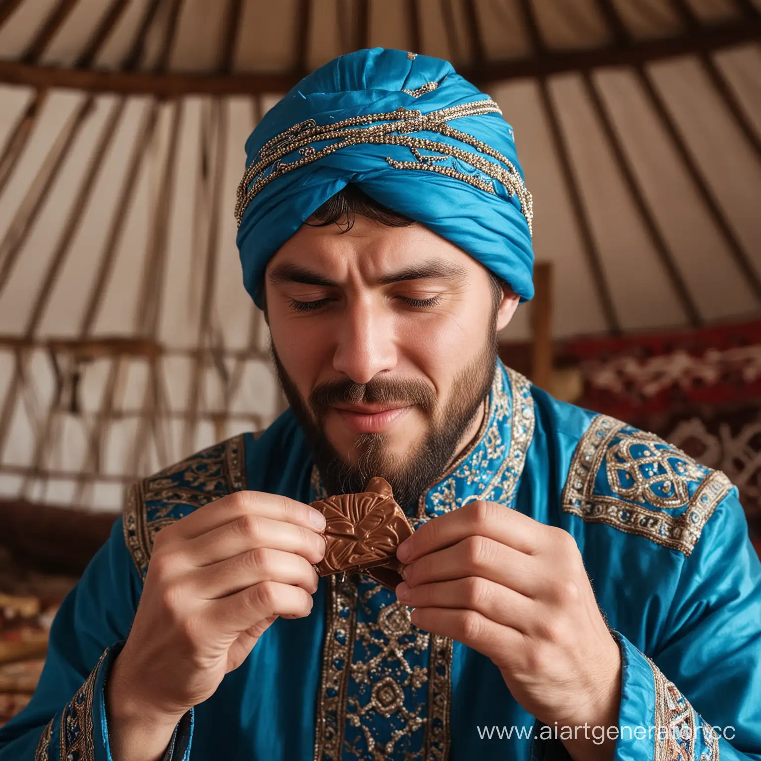 A man in a close-up in a yurt eats chocolate in a blue wrapper with Kazakh ornaments