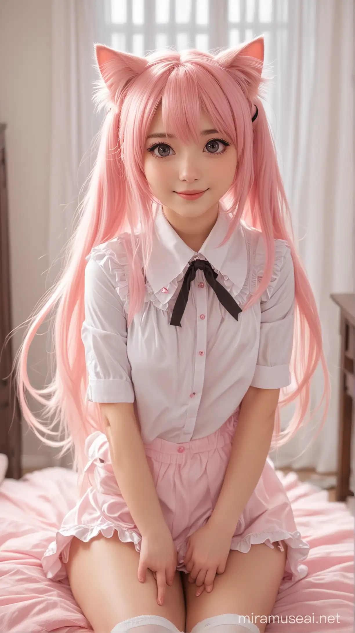 Kawaii Cat Girl in Pink Maid Uniform Getting Headpat HighQuality Anime Illustration