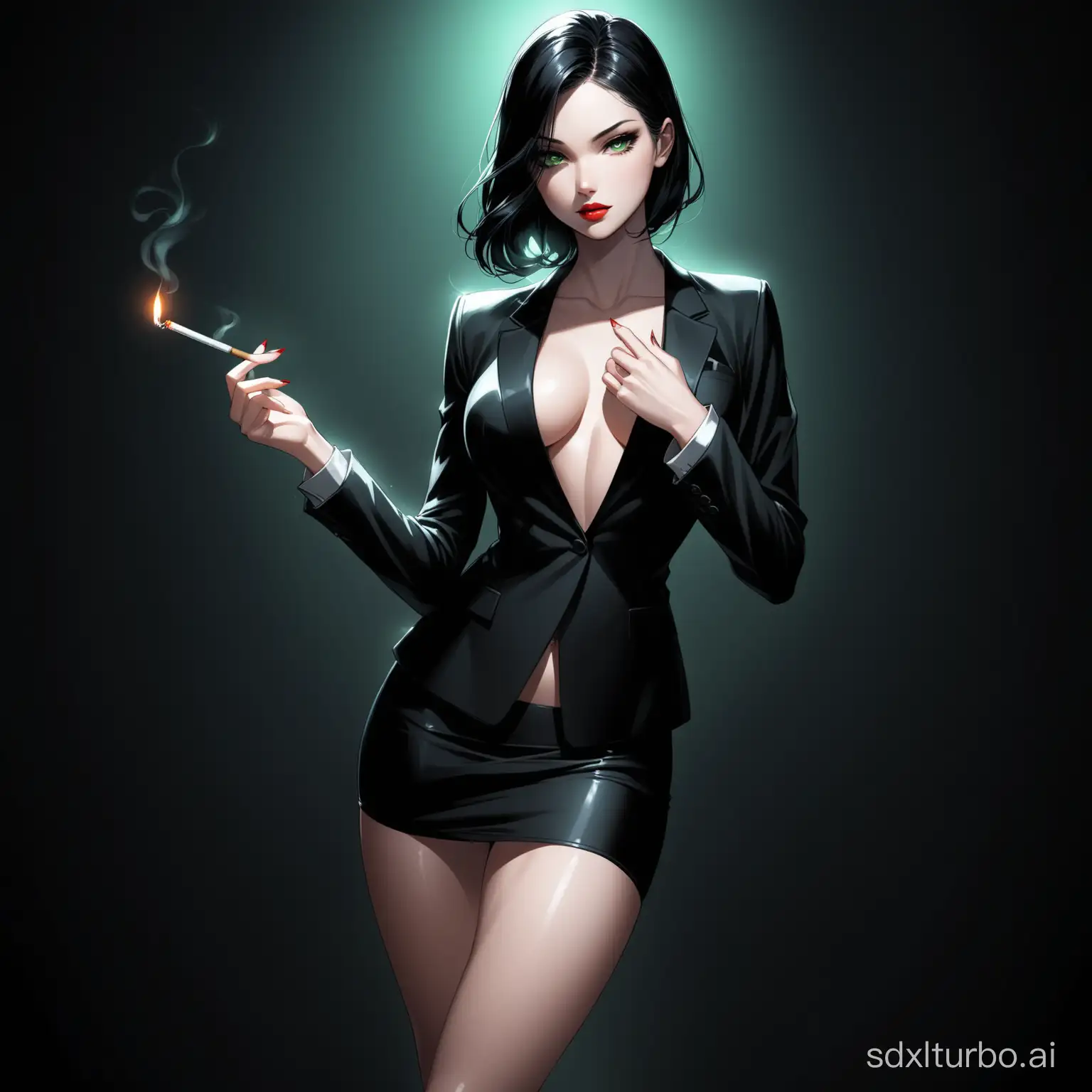Seductive-Woman-in-Black-Suit-Holding-Cigarette-and-Mysterious-Object-in-Dark-Room