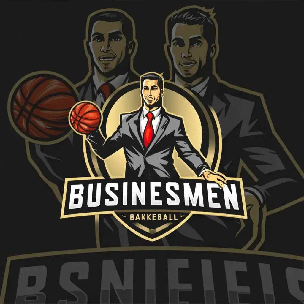 a logo design,with the text "Businessmen", main symbol:Sophisticated businessman wearing a suit playing basketball holding a basketball in his hand.,complex,be used in Sports Fitness industry,clear background