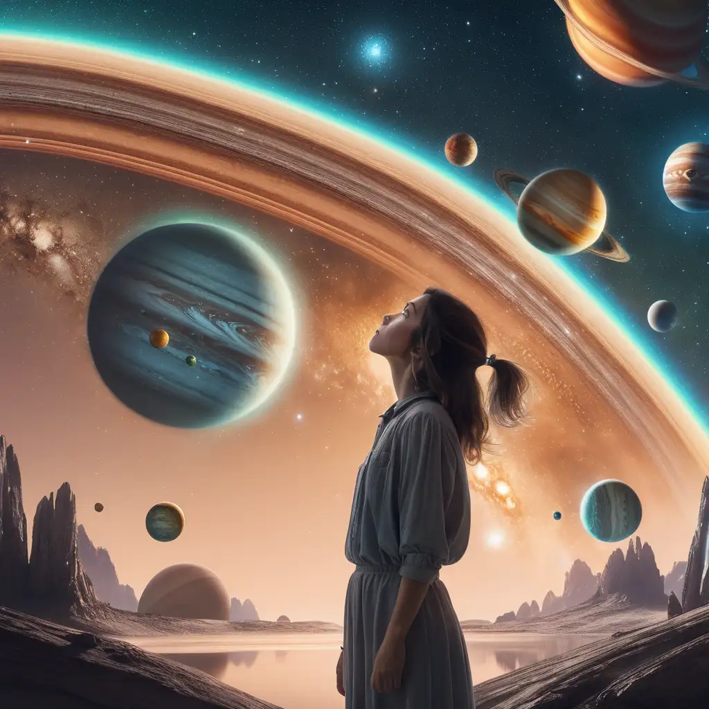 woman staring at the sky as multiple planets appear