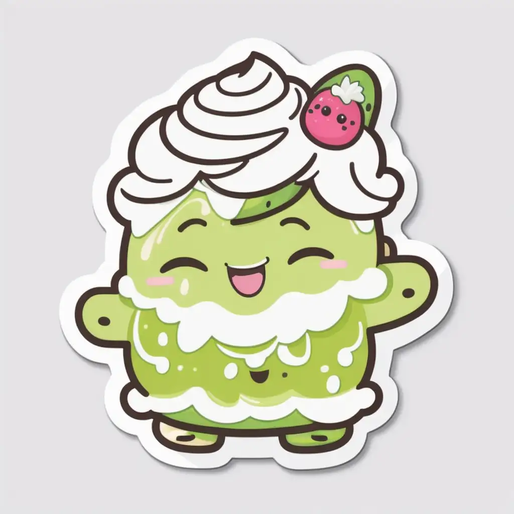 Sticker, Laughing KAWAII avocado shortcake with Whipped Cream Hair, food illustration, mixed 
styles, contour, vector, white background