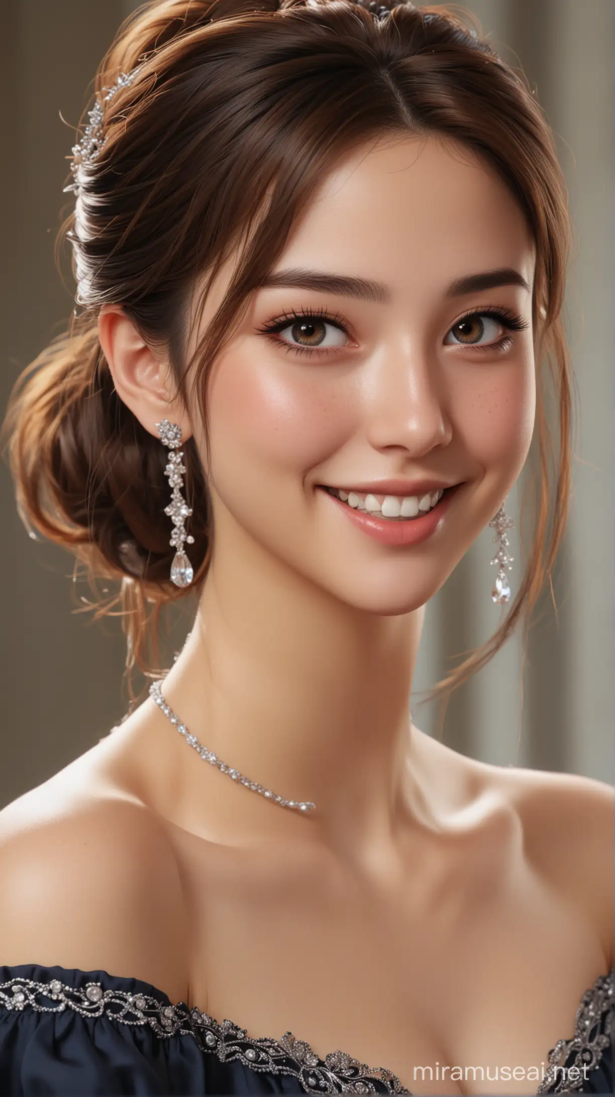 jewelry, solo, earrings, necklace, brunette hair, smile, single bun, (formal:1.6), reality, bun, bracelet, grin, ulzzang-6500v1.1, (original: 1.2), (reality: 1.3) , beautiful girl with beautiful details, extremely detailed eyes and face, eyes with beautiful details, ridiculous, incredibly ridiculous, huge file size, ultra detail, high resolution, super detailed, best quality, masterpiece, Illustrations, super detailed and beautiful, super detailed, CG, unity, 8k wallpaper, amazing, fine detail, masterpiece, top quality, official art, extremely detailed CG Unity 8k wallpaper, cinematic lights, (perfect shiny skin:0.6), slender and smooth lines, (floating), (small breasts:1), earrings, (((do not show your hands)))), ((((full body picture)))