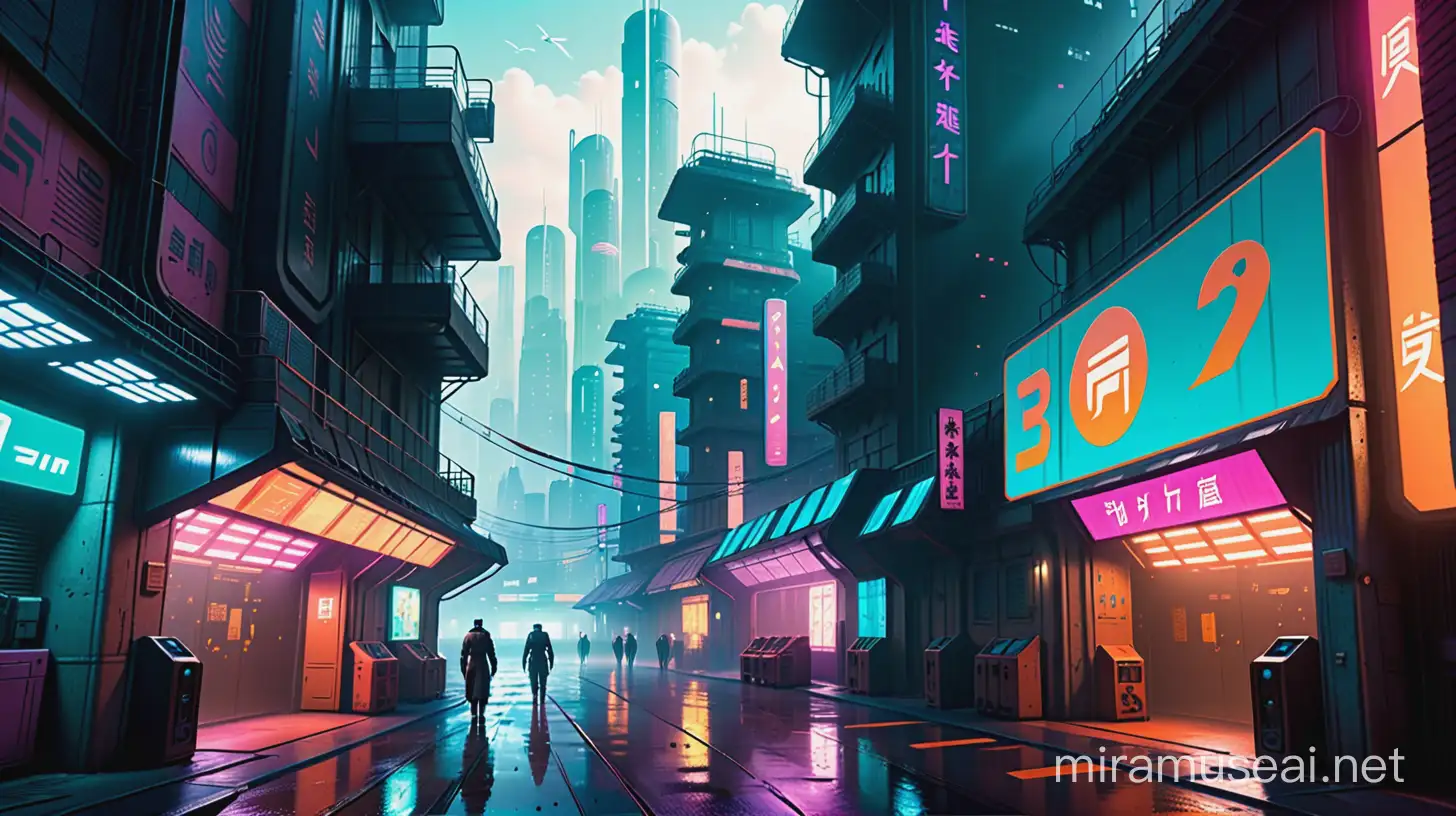 scifi video game environment background, blade runner inspired, bright and colorful. day time, blues