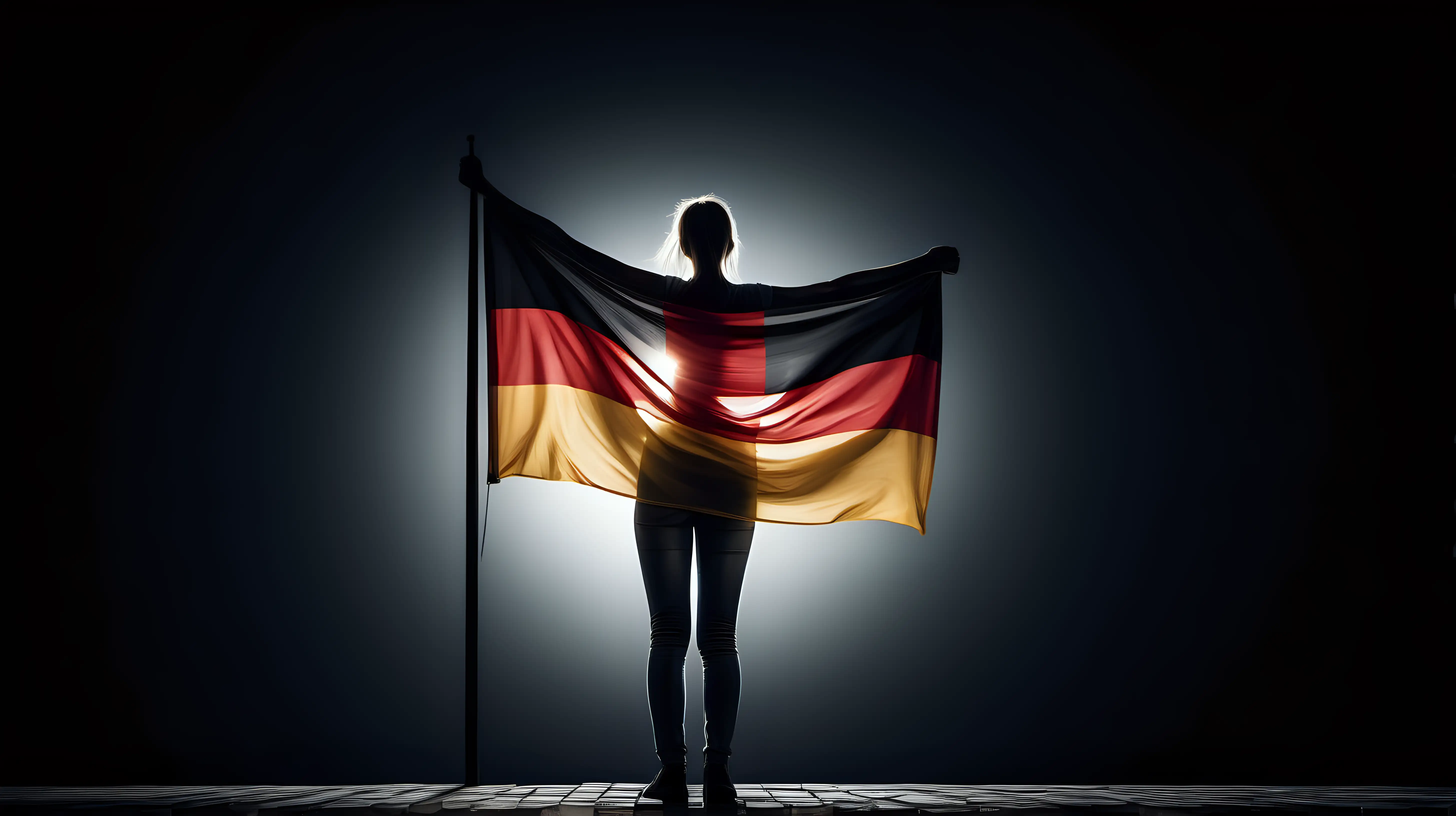 Craft a visually striking scene with a person tightly clutching a luminous German flag in their hands, the radiant colors standing out against the darkness, symbolizing unwavering devotion to their homeland.