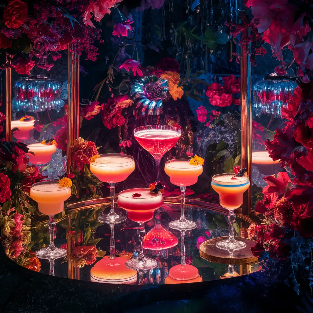 The image prompt invites viewers into an enchanting oasis of vibrant colors, shimmering lights, and opulent florals. Picture a luxurious setting adorned with mirrors reflecting the beauty of the surroundings, where glowing cocktails create a focal point amidst a kaleidoscope of colors and textures.

In the heart of this magical scene, a select few cocktails glow with an ethereal light, casting a warm and inviting ambiance. Each drink is a masterpiece of mixology, radiating its own unique hue in soft, mesmerizing tones that suffuse the space with a gentle glow.

Surrounding the glowing cocktails, mirrors are strategically placed to capture and amplify their luminous beauty, creating a mesmerizing play of reflections that dance across the scene. The mirrors reflect the rich colors of the surrounding environment, magnifying the sense of enchantment and transforming the space into a captivating wonderland.

Interwoven amidst the mirrors are lush florals in full bloom, their petals bursting with rich, saturated colors that harmonize with the glowing cocktails. Fragrant blooms fill the air with their intoxicating scent, enhancing the sensory experience and enveloping viewers in a symphony of sights and smells.

As viewers immerse themselves in this enchanted floral oasis, they are transported to a world of beauty and wonder, where every sip is a delight for the senses. With each glowing cocktail set amidst the mirrors and florals, the scene invites viewers to indulge in the magic of the moment and savor the richness of life's pleasures.