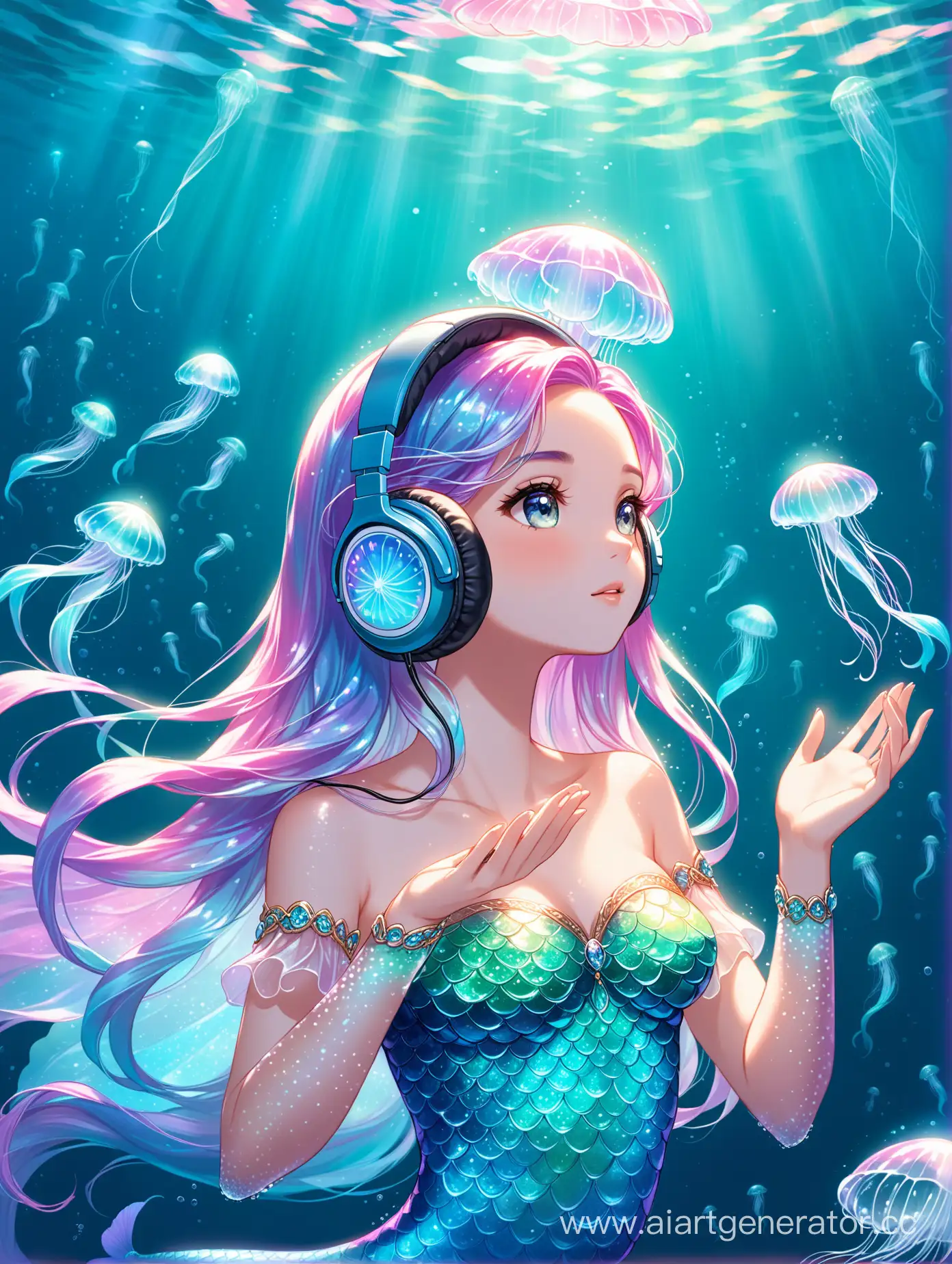 Glistening-Mermaid-with-Diamond-Hair-Listening-to-Music-Underwater