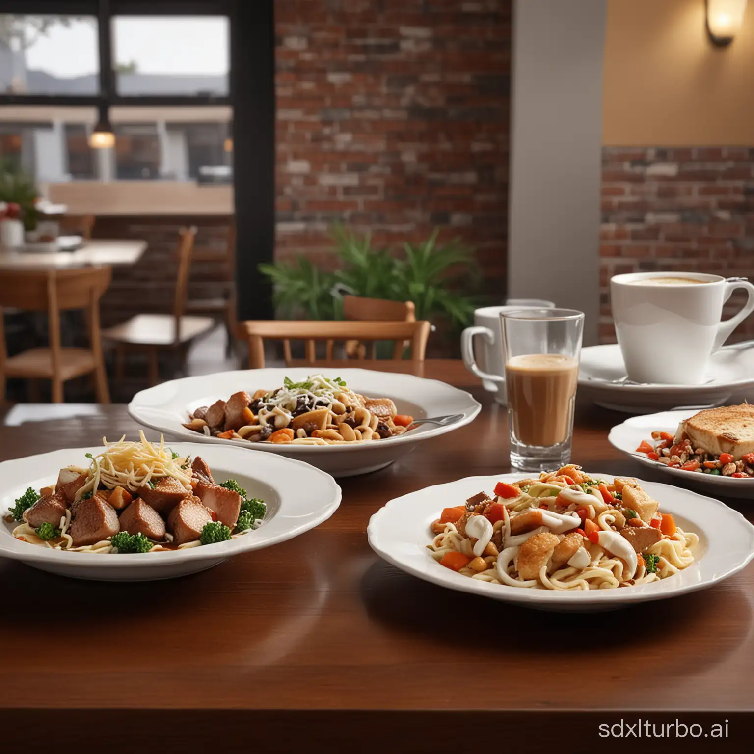 A studio photography of dinner dishes shot in front of a coffee house background  --v 6.0 --style raw