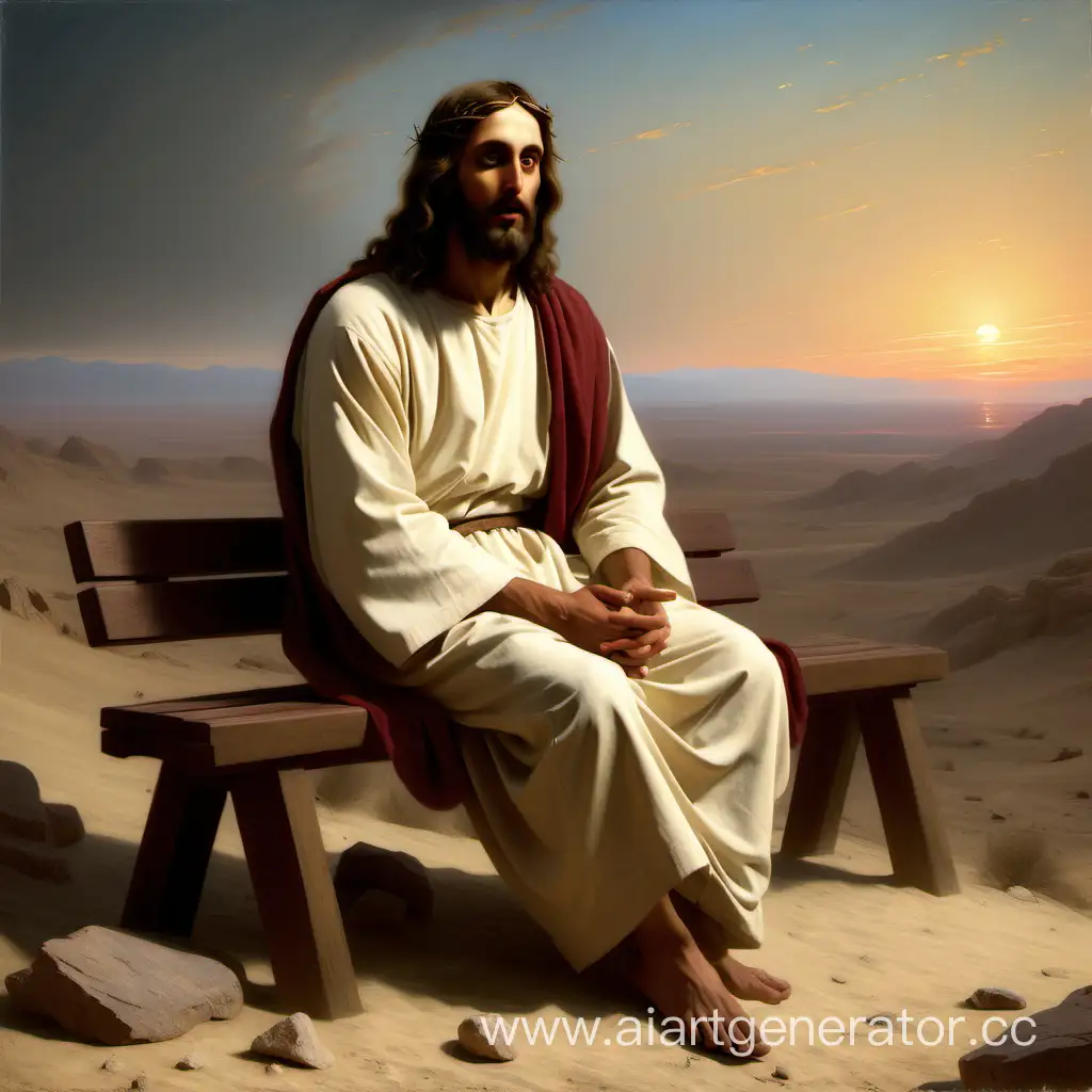 Нарисуй картину как у Ивана Крамского Иисус в пустыне, только иисус сидит на спортивной скамье