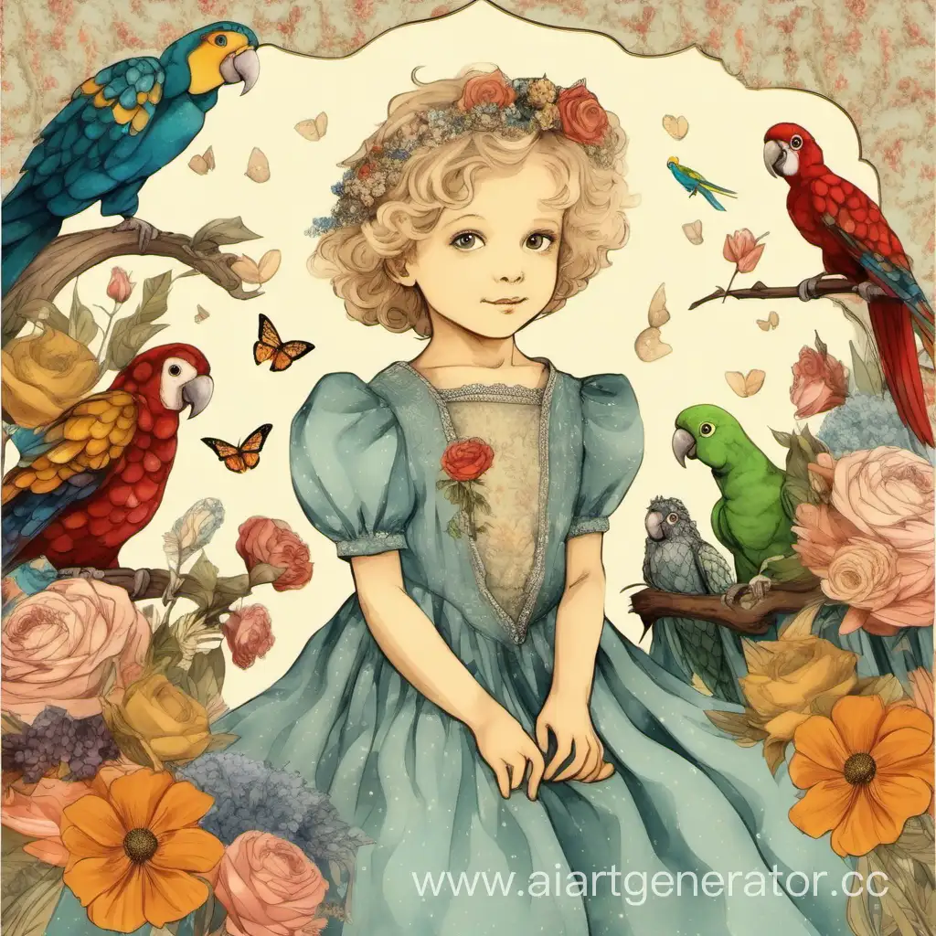 картинка с маленьким принц, цветами, волнистым попугайчиком и винтажными платьями