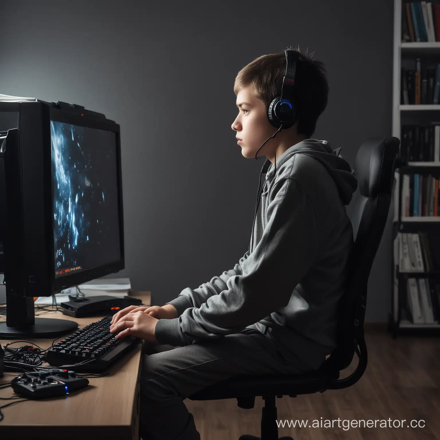 толстый школьник с кривым позвоночником сидит много времени за компьютерными играми, он очень зависимый, в комнате темно и у него игровой компьютер
