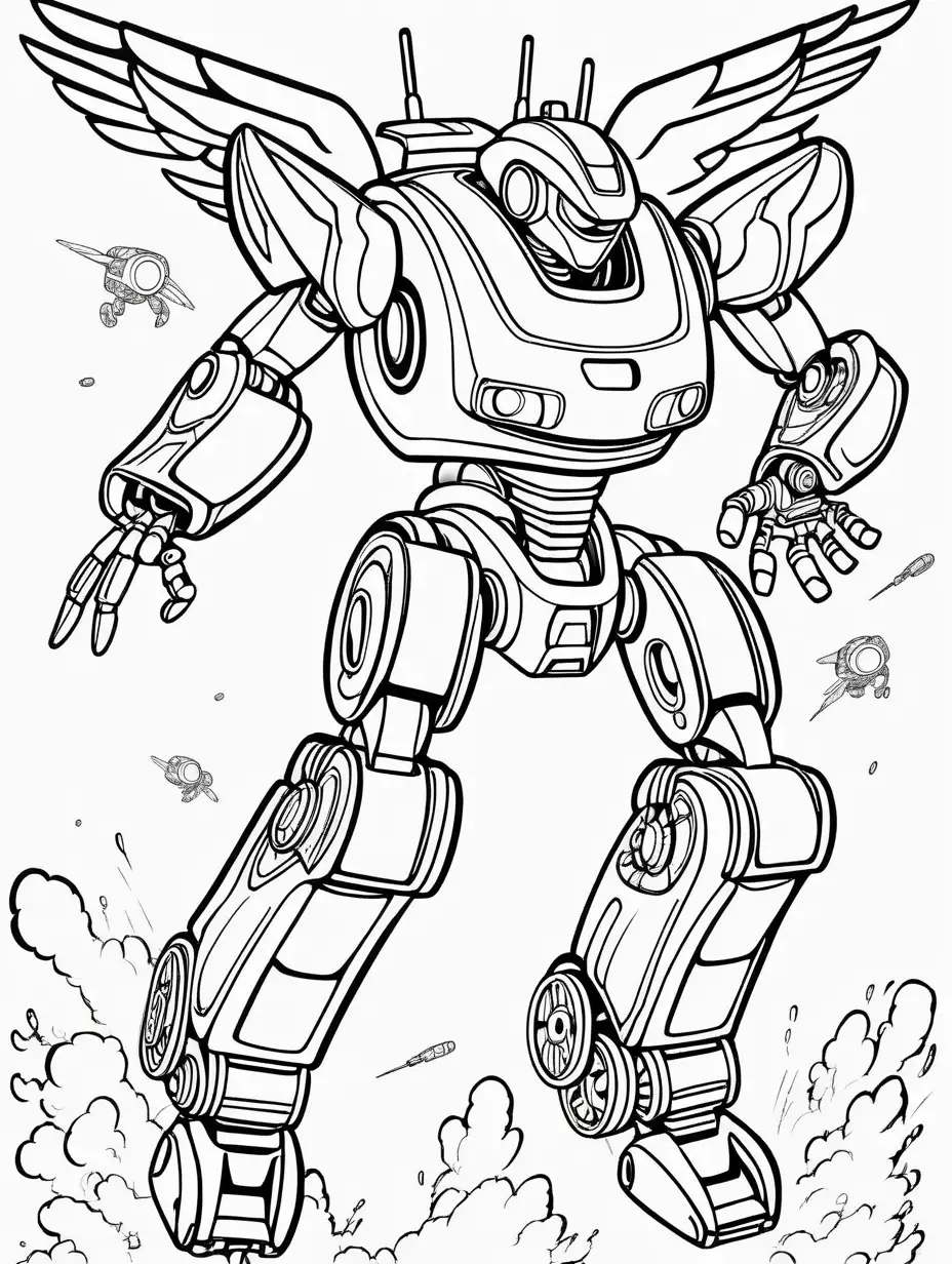 flying battling robot - coloring pages for kids, white background, make sure that none of the illustration edges touch the edge of whole image