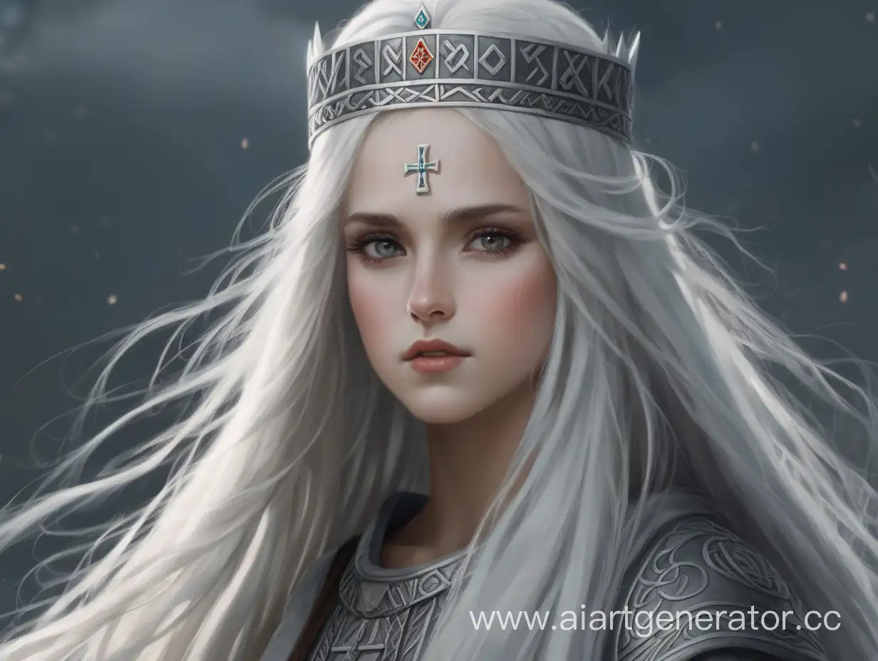 Славянская княжна с белыми длинными волосами, серыми глазами, рунической короной и с коротким славянским мечом