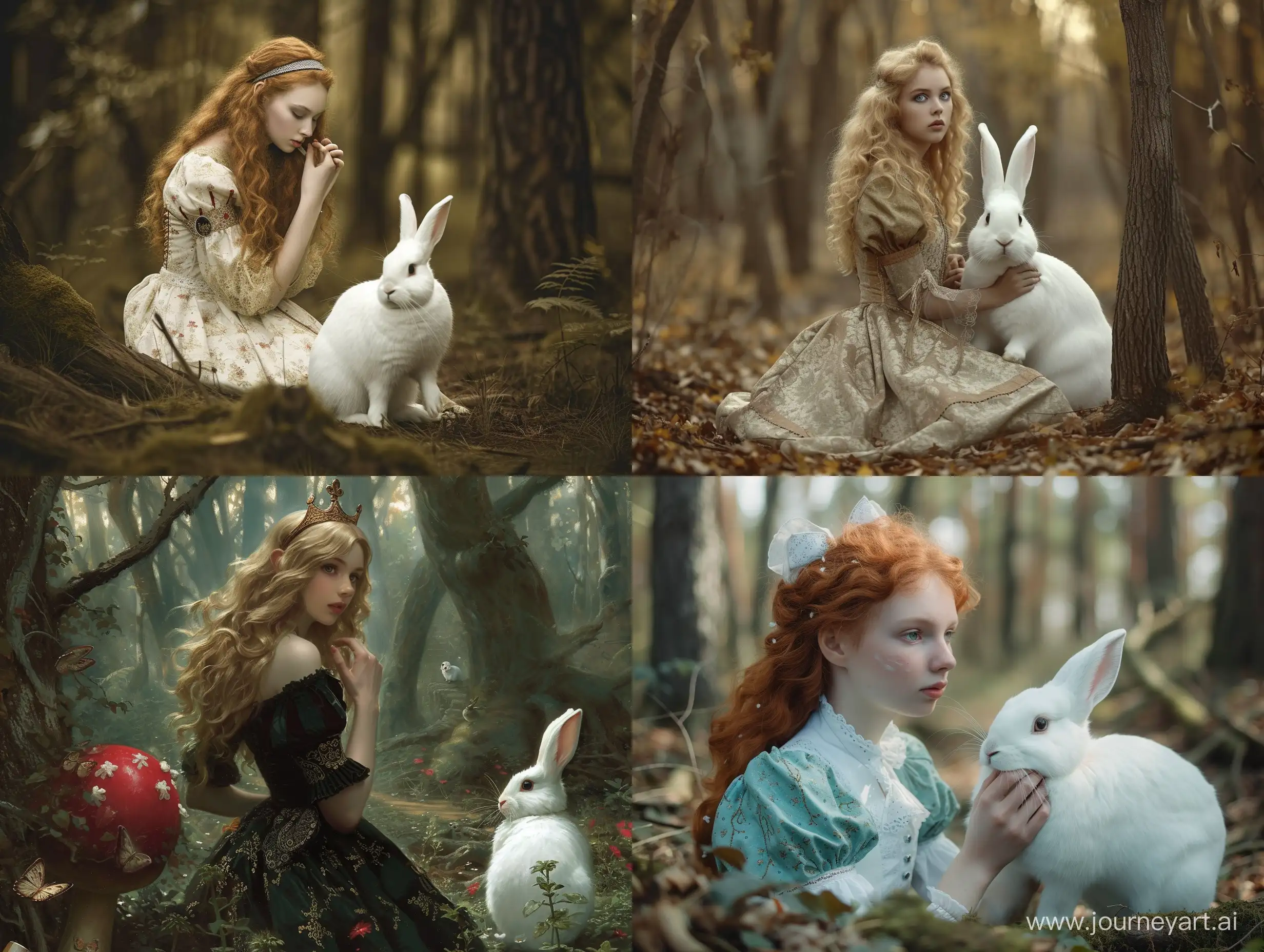 /image woman Alice in Wonderland + white Rabbit in the wood 
 
