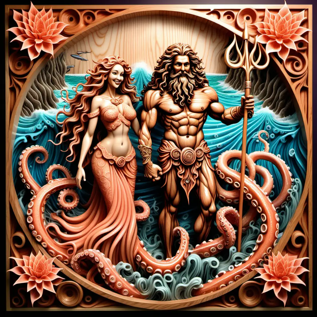 All wood grain multilayered 3-d, highly detailed mandala, full body handsome sexy Smiling poseiden and his beautiful wife holding hands and holding a trident, body wrapped in an octopus dressed in flowing clothes with long curly hair, on the ocean floor of coral, ships in the background, sea creatures floating around all wood grain effect