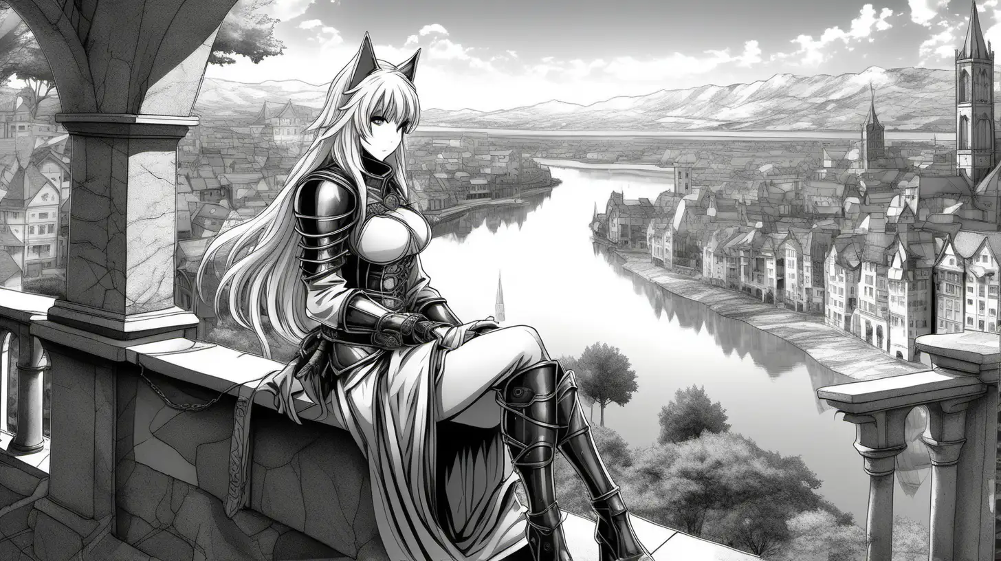 A black and white anime style picture of a mature voluptuous silver-haired nekomimi wearing leather armor,  sitting while facing the camera overlooking a medieval fantasy style city with a picturesque lake running through it. The city features ancient and majestic architecture, creating a magical and enchanting atmosphere. This high-quality image captures the beauty and mystery of a fantasy world, perfect for fantasy art enthusiasts and storytelling projects. High-resolution depiction of a captivating scene with intricate details and stunning visuals, detailed hands