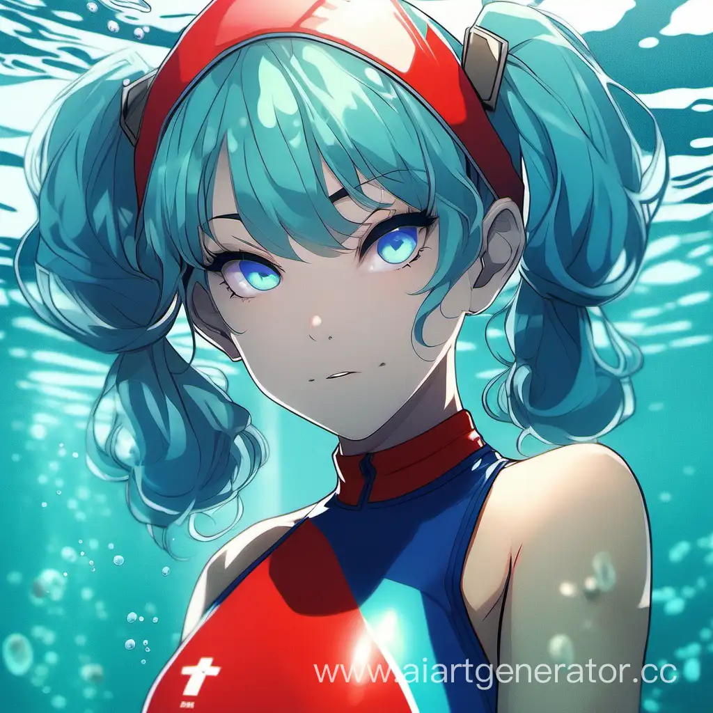 human with light green skin, underwater, in a red lifeguard swimsuit, light blue eyes, double bun with bang hairstyle, dark blue hair,