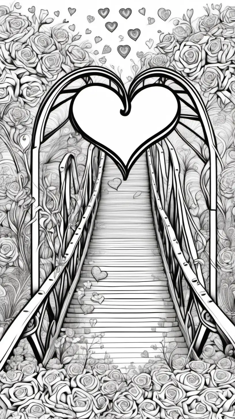 light, ribbon, love, heart, flowers, abstract detales, bridge, intricate detales, for adult, detaled patern, thick, line, white and black, written valentines day, coloring picture for adults, coloring