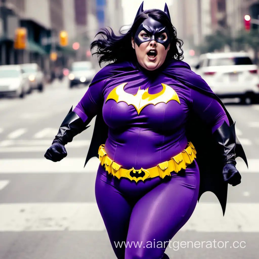 plump woman with black hair in a purple batgirl costume running on a city street.