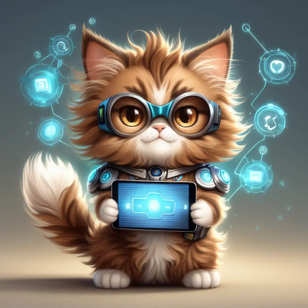  cute happy brown eyed fluffy superhero cat with technology superpowers