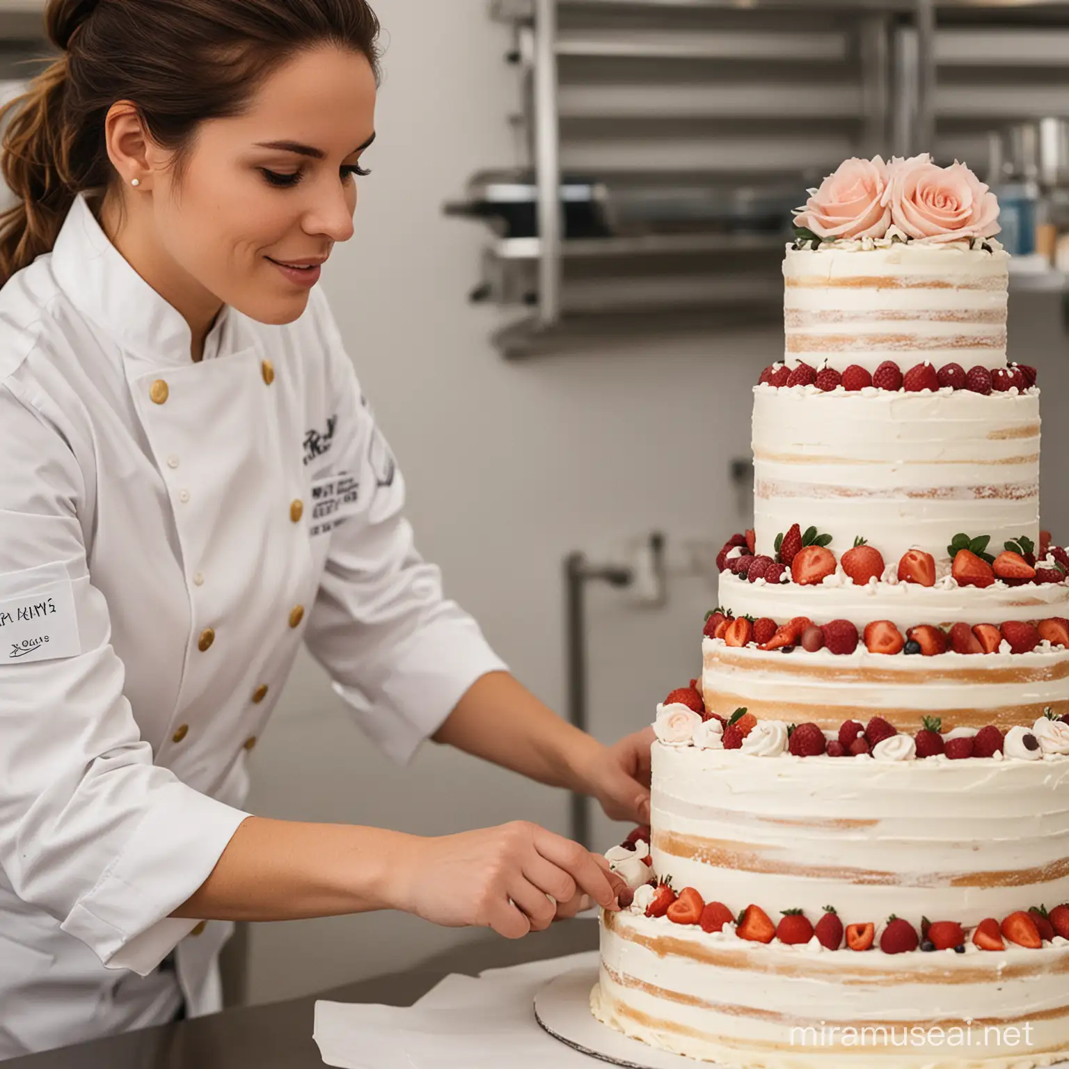 una mujer chef pastelera preparando un torta de 4 pisos para un matrimonio.