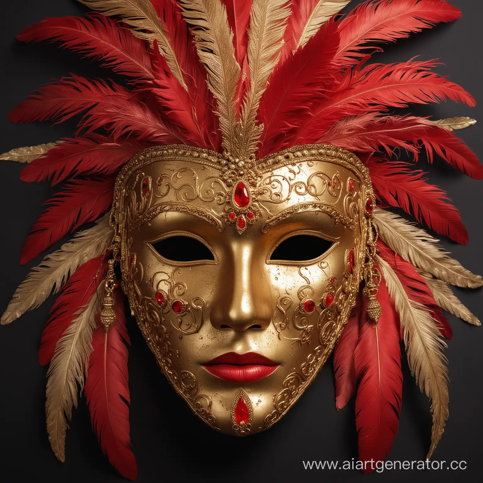 Glamorous-Golden-Masquerade-Mask-with-Vibrant-Red-Accents-and-Elegant-Feathers