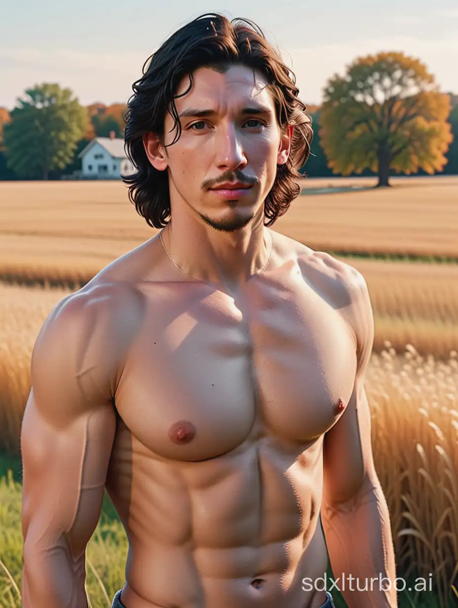 youthful fit and built Adonis-like Adam Driver, with hairy chest and eight pack abs shirtless in vintage ripped jeans, in a midwestern meadow during fall at sunset, vibrant volumetric lighting on face and eyes, medium upper body shot, 16k, very high quality, very high resolution, 35mm camera, Adonis, nsfw, face and upper body portrait by Bruce Weber,