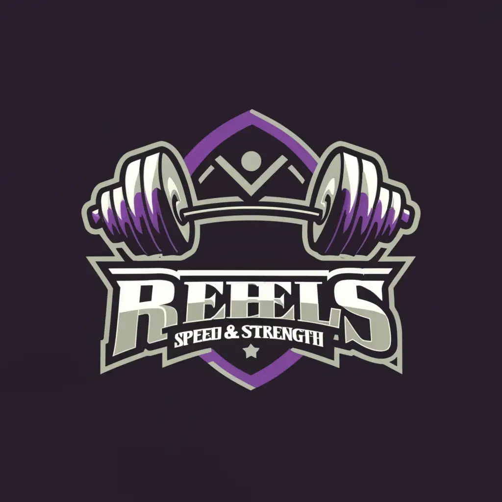 a logo design,with the text "Rebels Speed & Strength", main symbol:Weights, Purple, Black, Gray,Moderate,be used in Sports Fitness industry,clear background