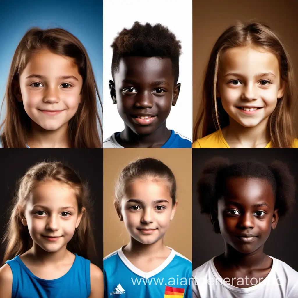Create a picture of 4 children of 14 years old from different countries: one girl from greece, the other one from Poland, one boy from Spain, the other from Ghana
