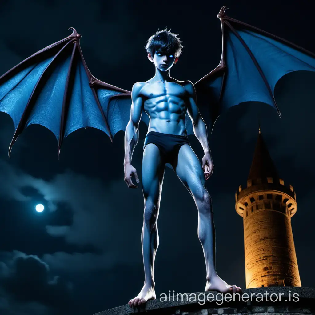 A 16 years old boy with bat-like wings and a tail. He stands on an old tower by night. He is skinny. He has smooth blue skin. He has a boyish face like  human. he wears underwear