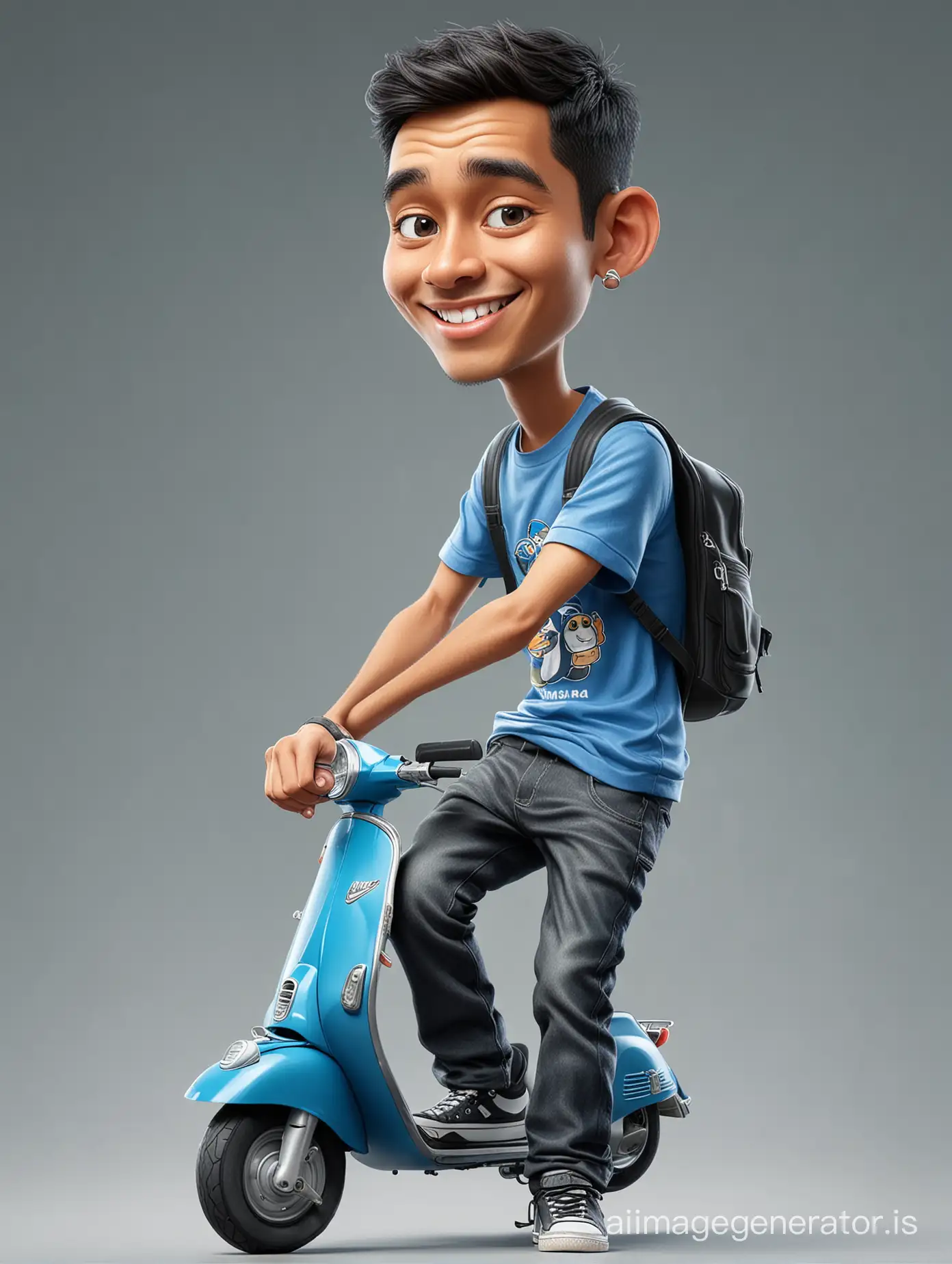 4D caricature of indonesian young man riding a vespa wearing blue t shirt and black jeans and nike shoe 