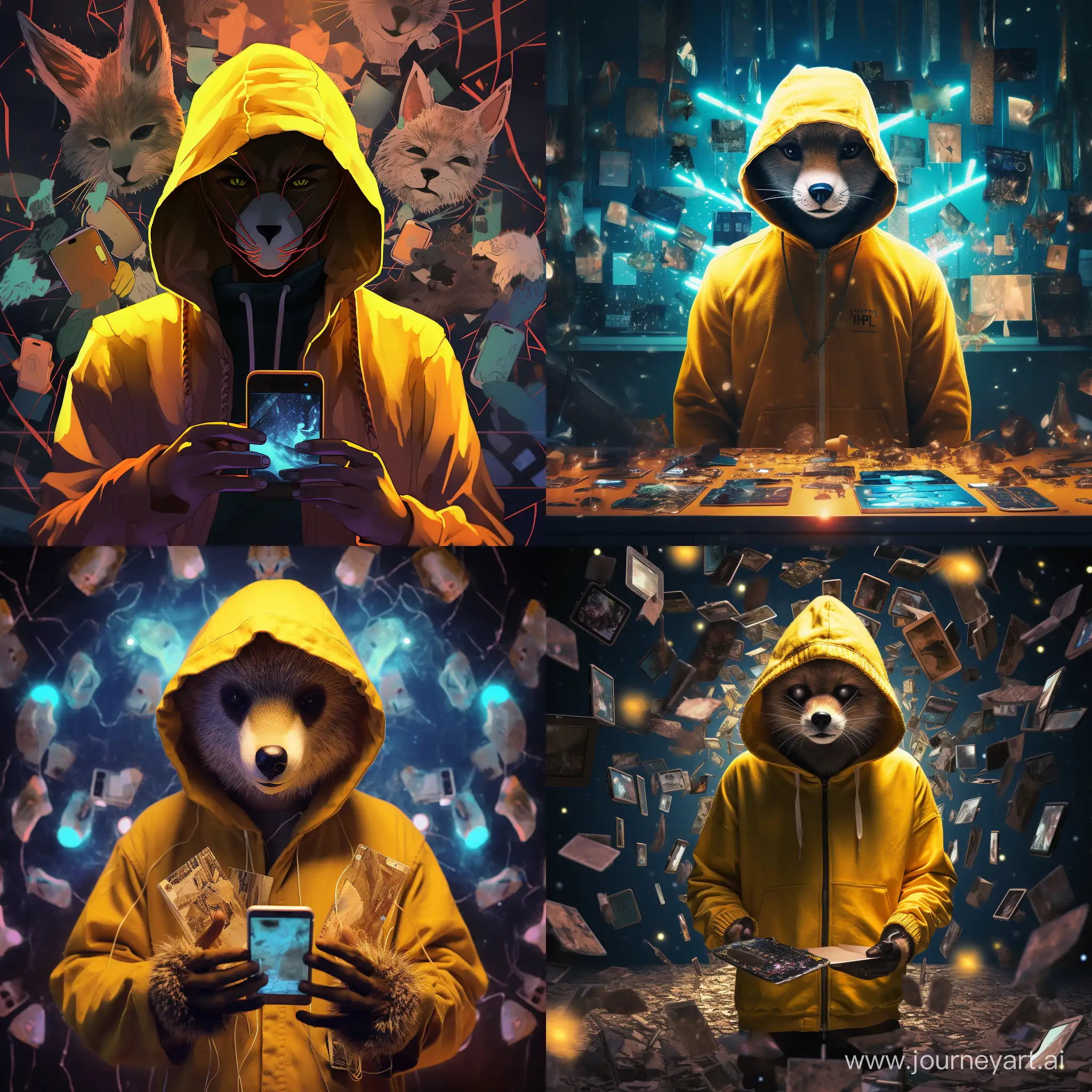 Urban-Explorer-in-Yellow-Hoodie-Surrounded-by-Shattered-iPhones-and-Mysterious-Glow
