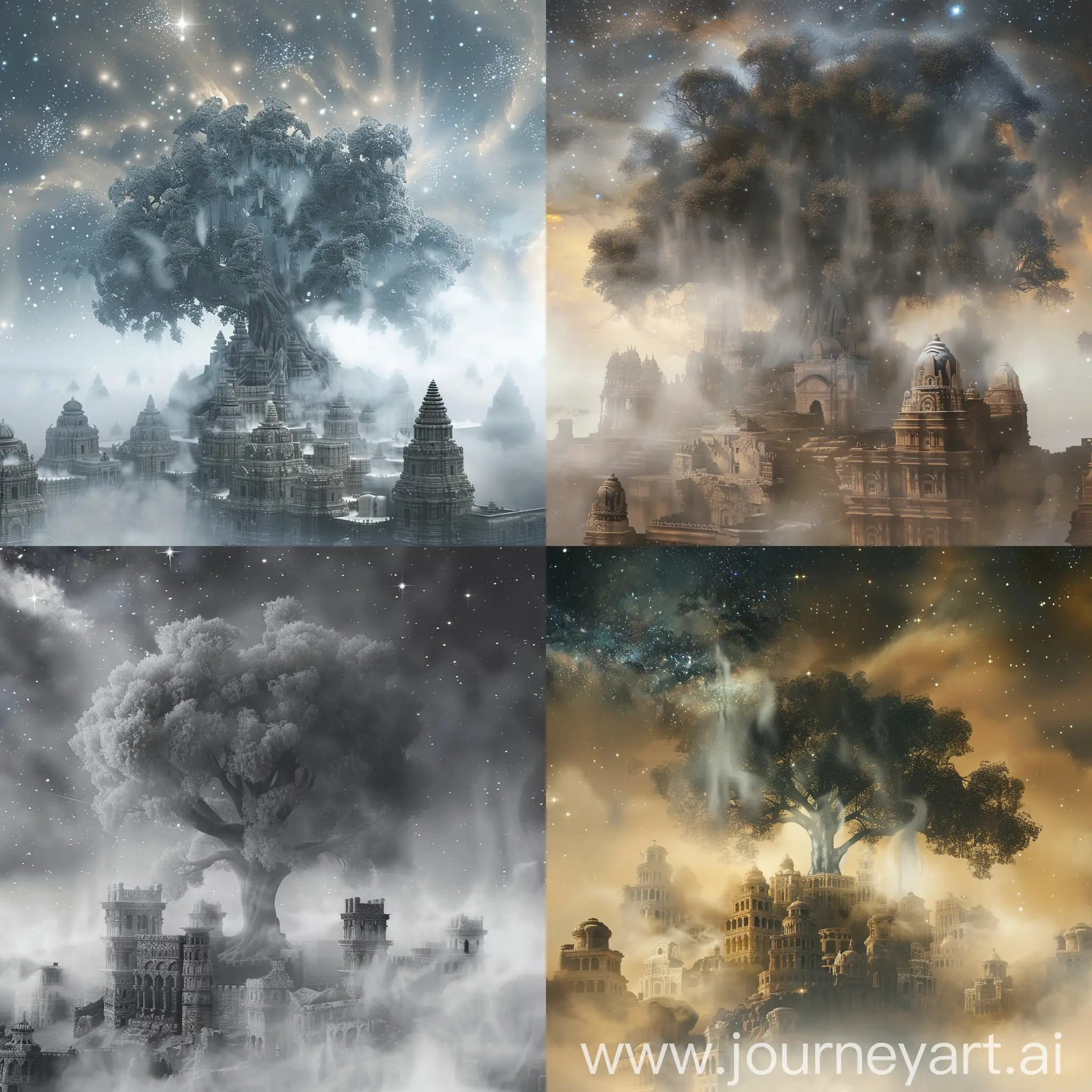 a world made entirely of fog, with a city with blurred ancient buildings built of fog, and a huge tree in the middle of the city made of fog, which has fog instead of bark, and misty crowns stretching to the sky itself. There are stars in the sky. In this world, everything consists of fog, even the tree in the center.
