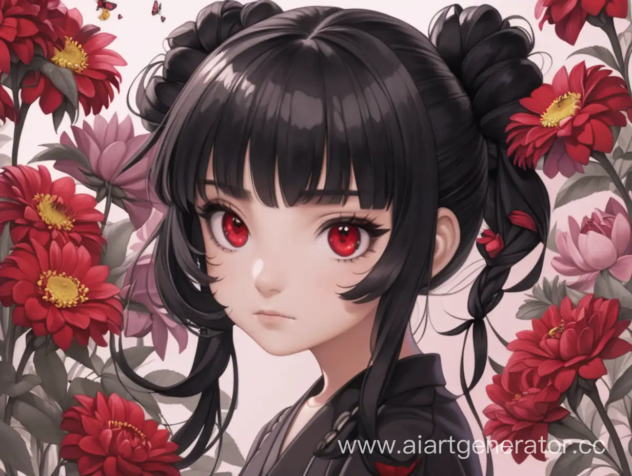 девочка с черными волосами, забранными в два пучка, и красными глазами стоит возле цветов