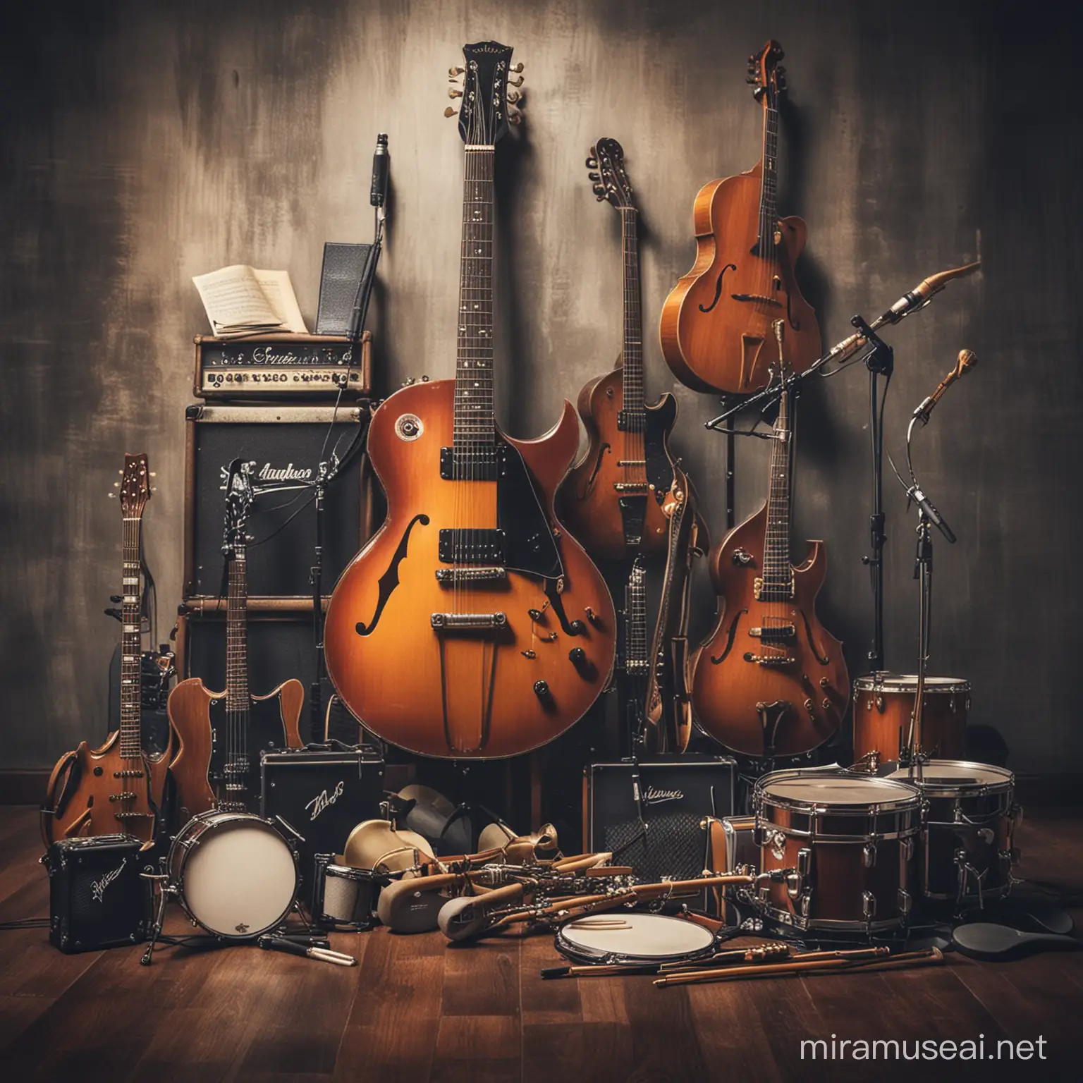a cool background, featuring pictures of a guitar, drums, microphone, violin, trumpet and piano.
