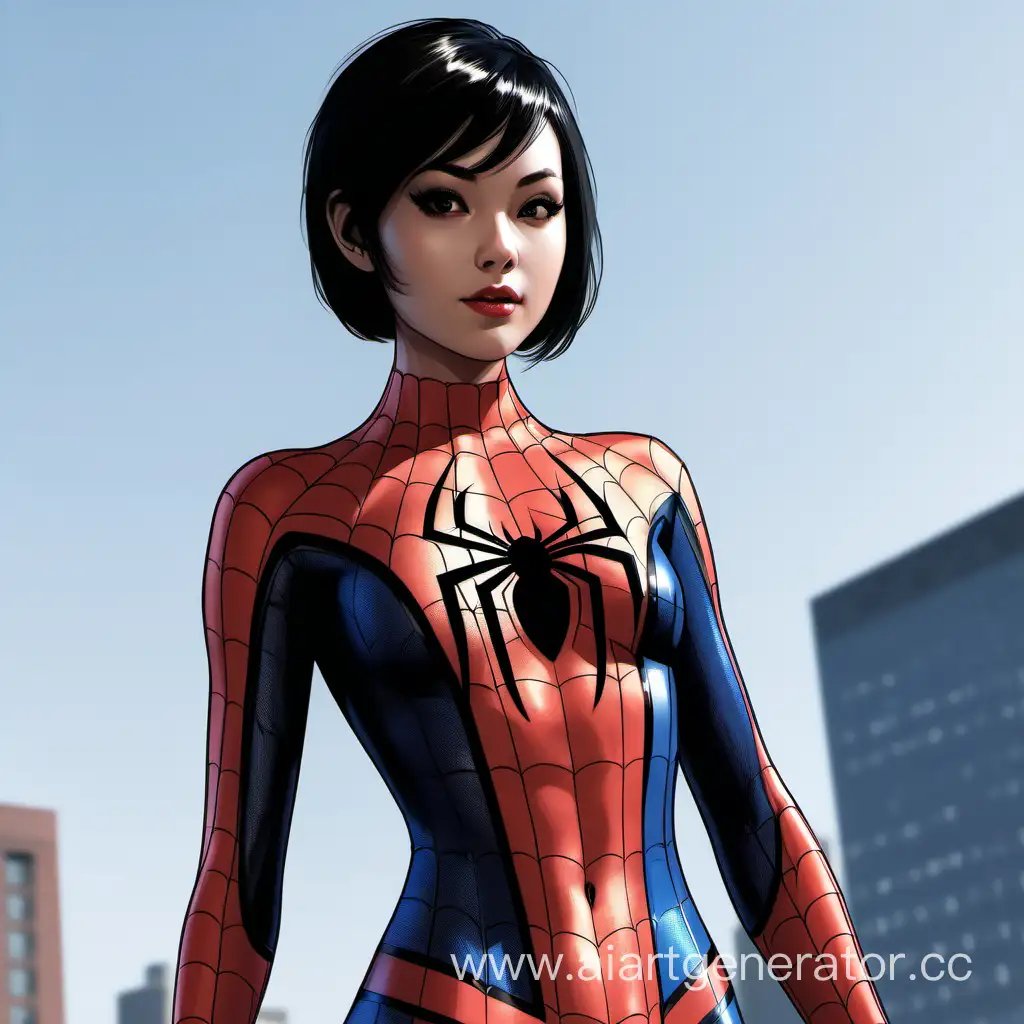 Beautiful-Woman-in-SpiderMan-Costume-with-Short-Black-Hair