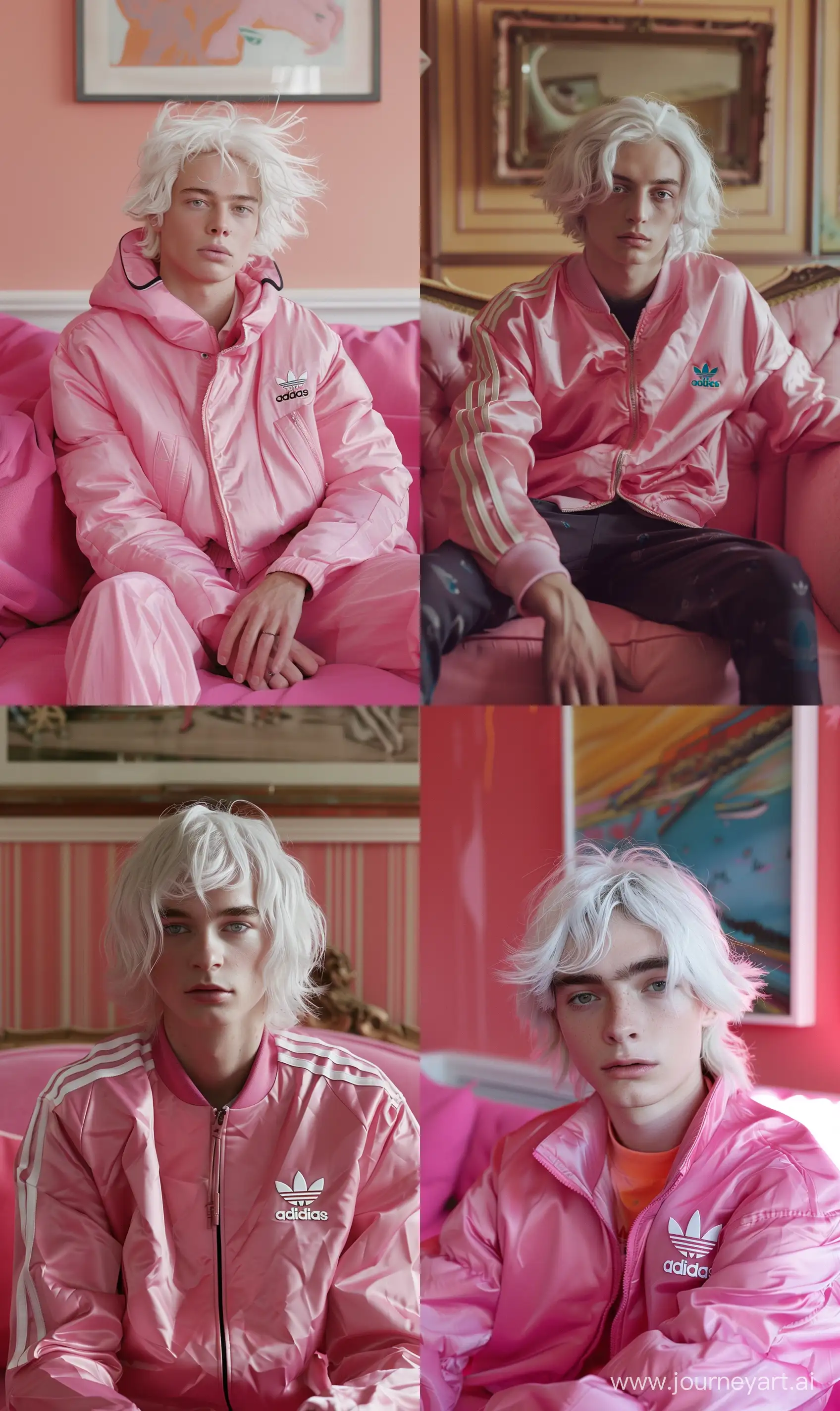 A portrait of a  Tom Riddle with white hair, sitting on a pink couch, in the style of Wes Anderson. He is wearing a pink jacket designed by Adidas Originals. The image features professional color grading to enhance the vibrant hues and create a visually striking composition. --ar 3:5 --v 6.0