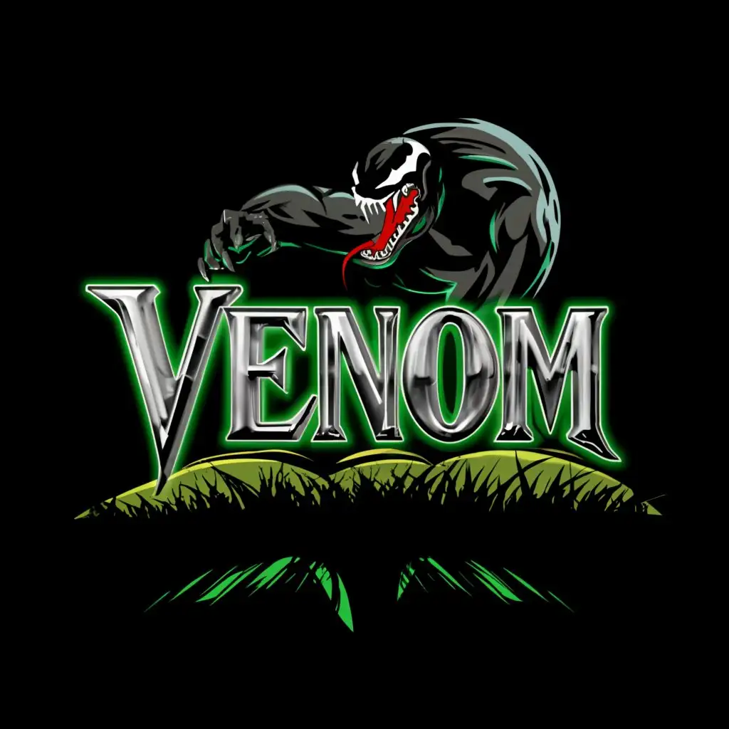 a logo design,with the text "Venom", main symbol: word VENOM (Green Colour) with a black snake slithering through the letters.

On top of the word there's grass growing out the top with a man on a ride on lawn mower cutting the grass from the words,Moderate,clear background