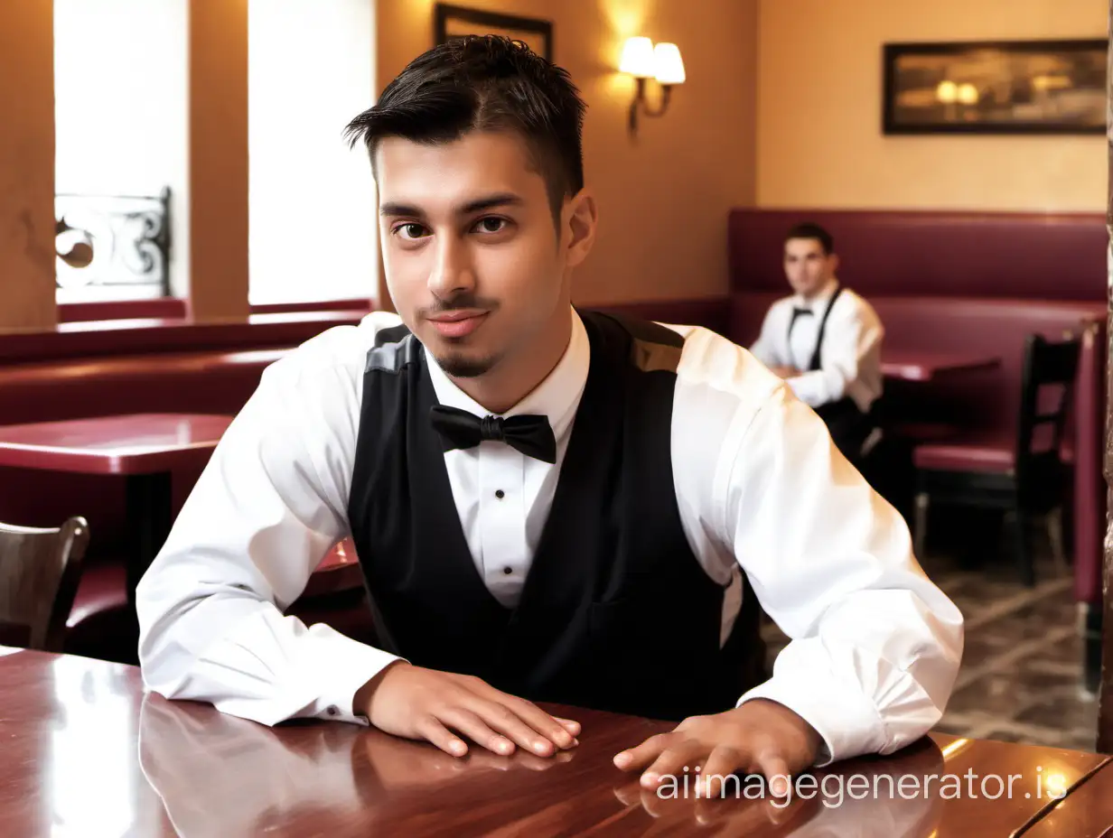 Relaxed-Waiter-Leaning-on-Table-in-Cozy-Restaurant-Setting