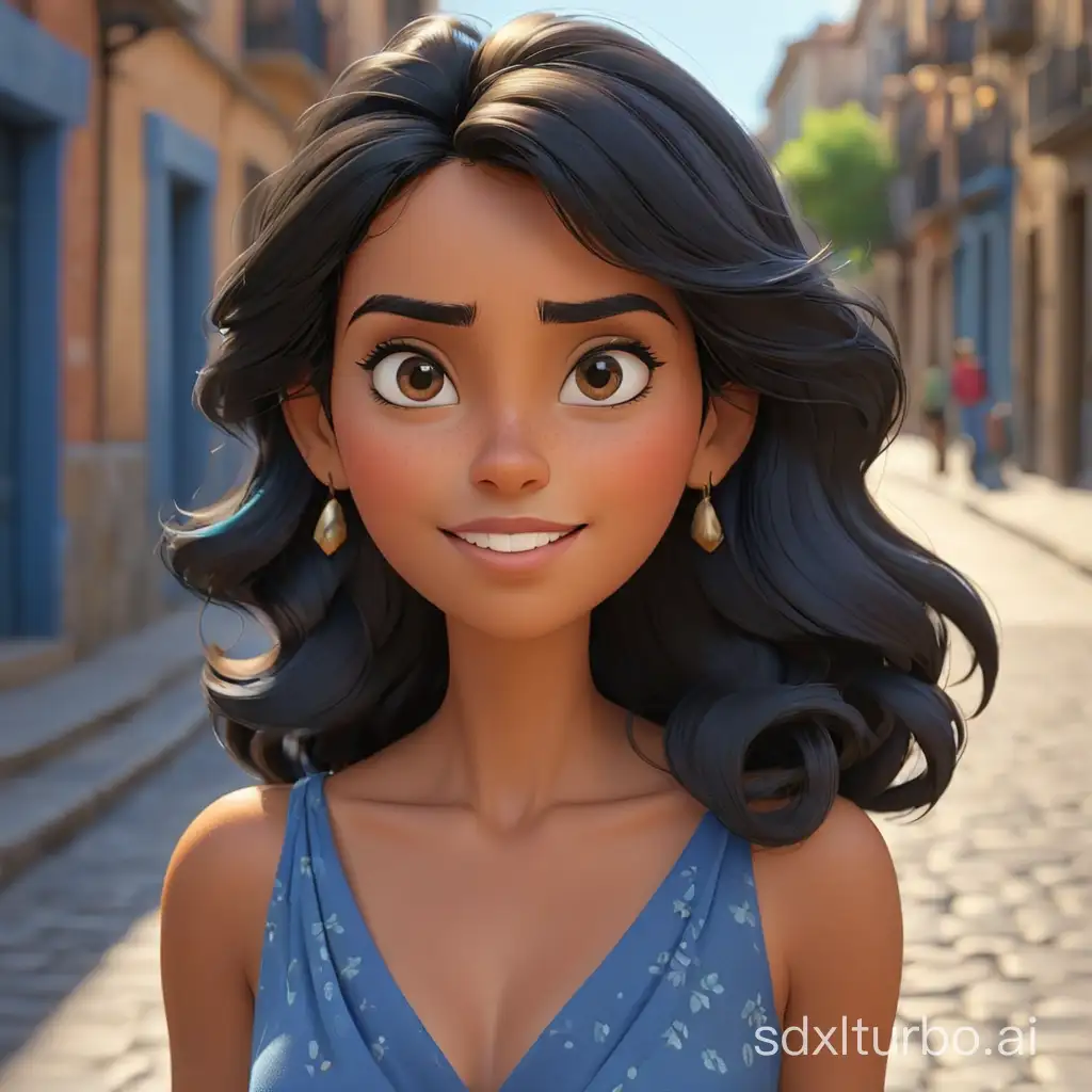 Pixar 3d black haired, tanned skinned spanish woman on street, bluie dress, 40 years ol,, head and shoulders portrait 3d in cartoon style , close up ,3D