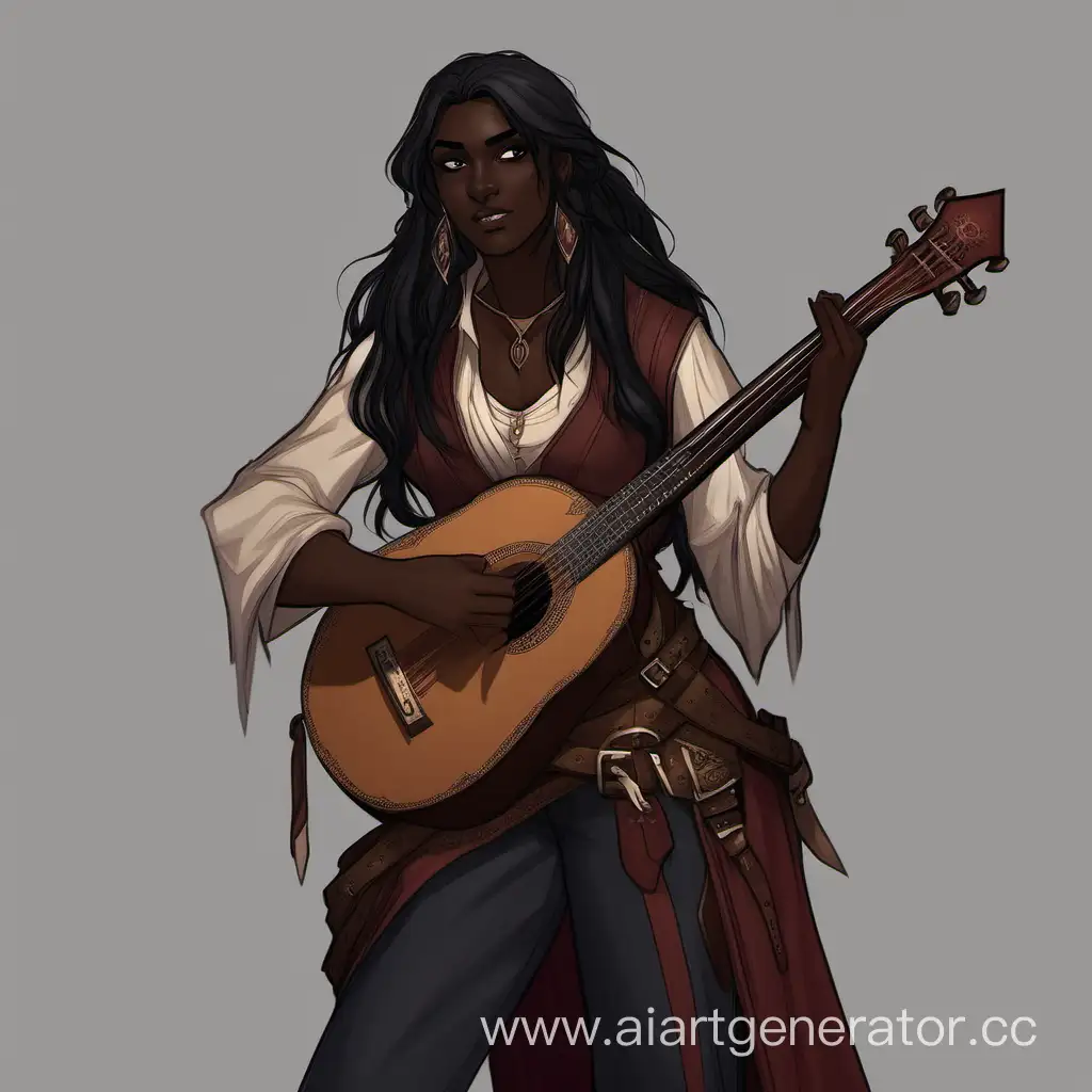 Romani human female bard, long black straight hair, dark skin,  DnD, one person on image, masculine clothes 