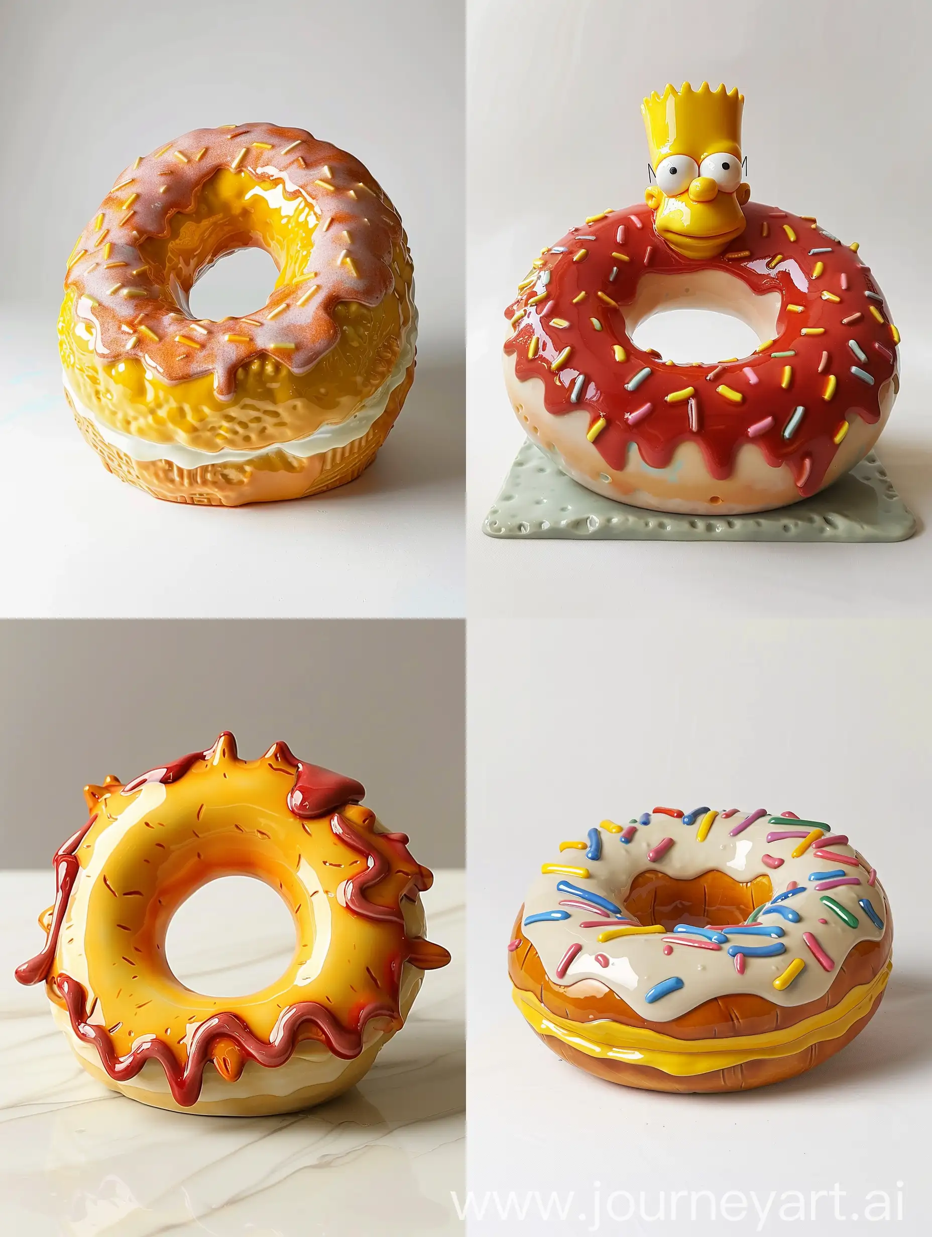 Simpsons donut sculpture, crafted from Satsuma-style porcelain, highly realistic, 3D.