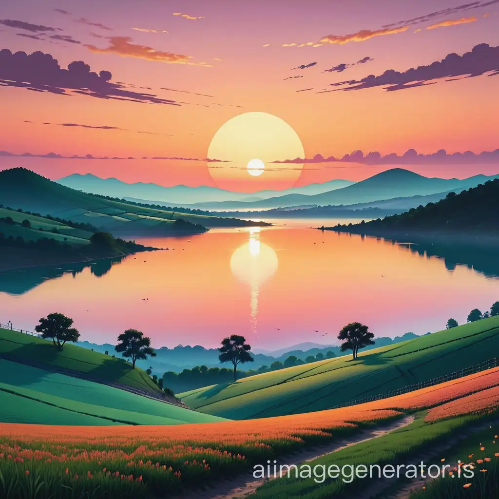 Vibrant-Sunset-Landscape-Tranquil-Natural-Scenery-in-Flat-Color-Patches