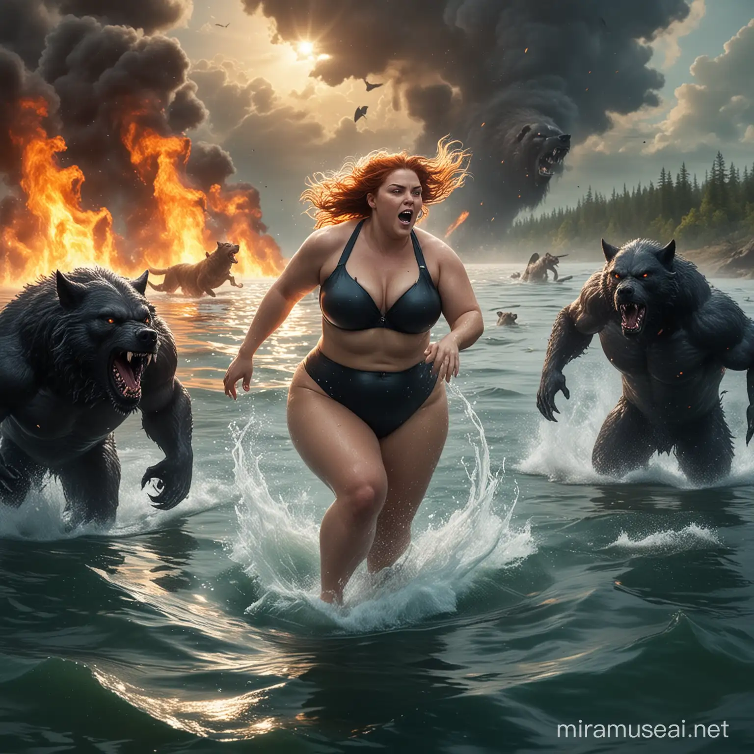 fat lady swimming on water,  running away from two angry black werewolves which were in pursue of her,  swimming towards her from the back.  ( environment  should  be in a large water with fire burning on the water) 