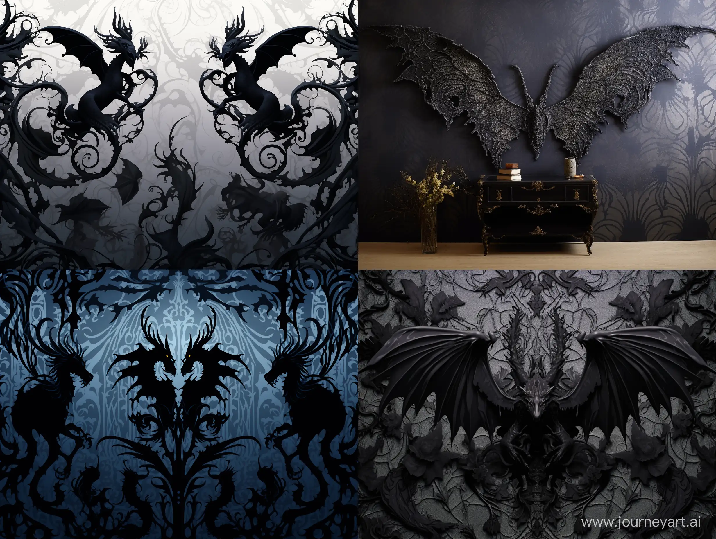 Damask of Sillouttes of Gothic Winged Majestic Dragons