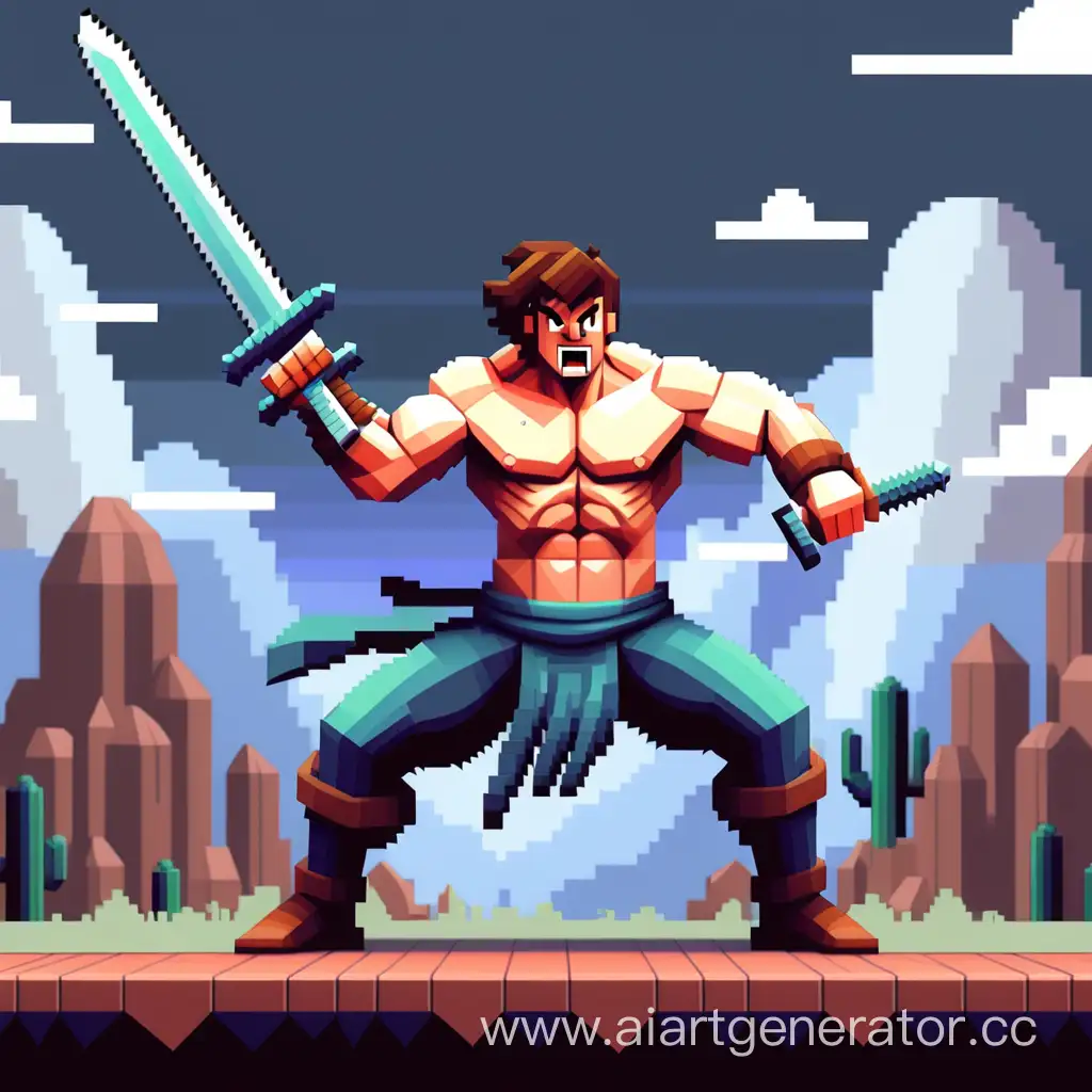 Pixel-Art-of-Vigorous-Swordsman-Engaged-in-Battle