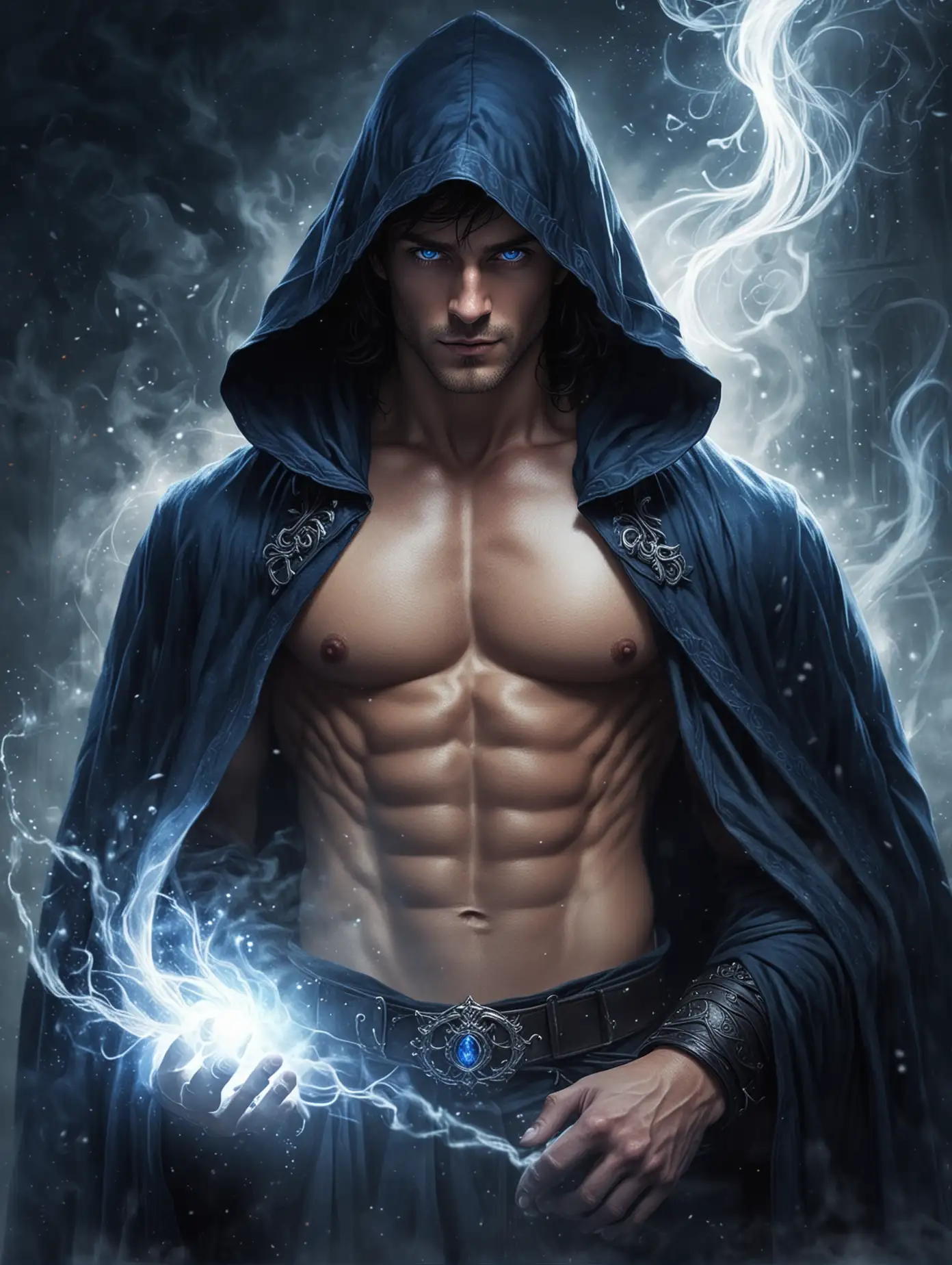 Illustration a a very handsome and sexy man, he is a wizard, he has deep blue eyes, nice abs, he wears an opened dark blue cloak with a large hood over his shirtless chest, magic swirls, white fog