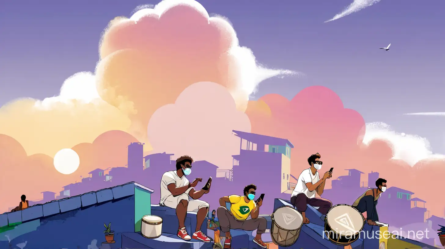 2 male characters, one wearing a mask while playing with his cellphone. the other is wearing glasses and holding a small drum. Among them there is 1 female character who sits between the two men. I want them to sit on the roof, above that Brazilian Favela. with a backdrop of colorful houses gathered in Brazil against a clear sky. 